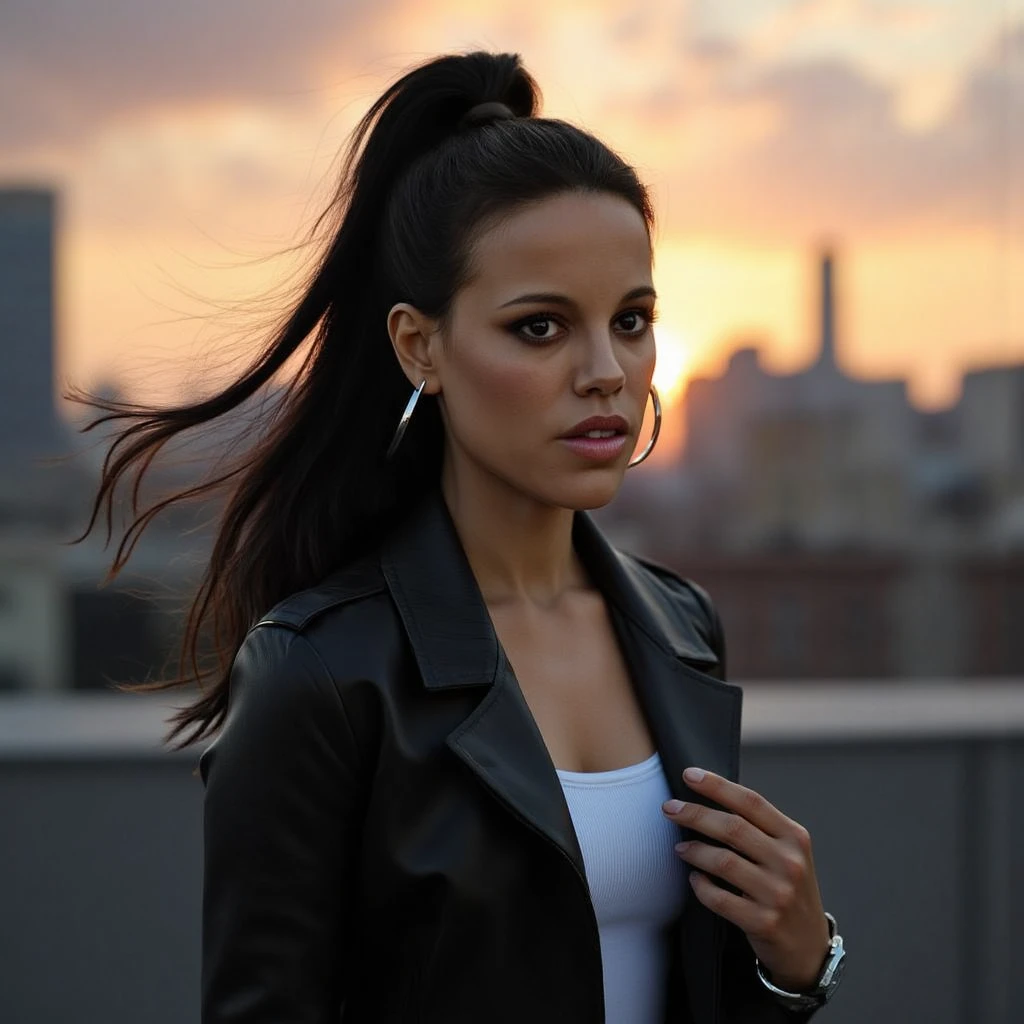 Photo of a 28-year-old woman with long, jet-black hair styled in a sleek high ponytail that flows elegantly down her back. Her complexion is radiant, with a light golden undertone, and her bold, winged eyeliner highlights her striking green eyes. She wears a subtle nude lip color, adding a sophisticated touch to her look. Her expression is confident and focused, with a slight upward tilt to her chin as she gazes off into the distance.

She is dressed in a modern black leather jacket with a high collar, paired with a fitted white tank top underneath. A pair of large silver hoop earrings and a minimalist watch on her wrist complete her edgy yet polished ensemble.

The background is a dramatic urban rooftop scene at sunset, with soft orange and purple hues blending into the sky and the silhouette of skyscrapers in the distance. The wind lightly catches her ponytail and the edges of her jacket, adding a sense of movement and vitality. The lighting is dynamic, with warm golden tones highlighting her face and creating subtle shadows for depth. The overall mood is bold, modern, and empowering, capturing her as a strong, urban individual with an air of mystery.