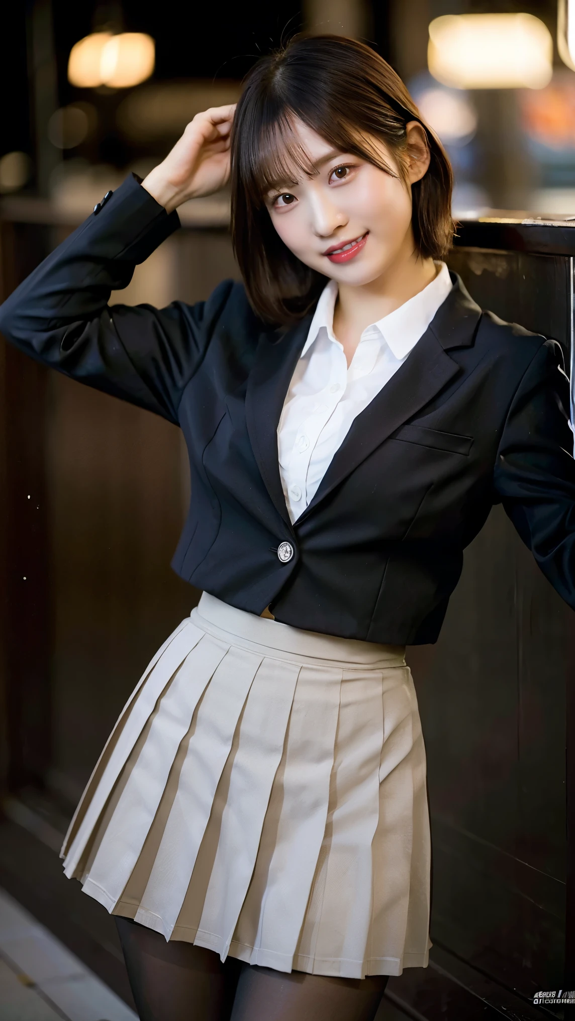 (8k), (highest quality: 1.2), (Realistic), (Realistic: 1.37), Ultra-high resolution, 1 girl, cute, Shiny skin,Blushing,smile, Mouth closed, Beautiful details, Beautiful Nose, whole body, Wet Hair, short bob hair,Giant Dulcefo, pork,Navel exposed,University Student Uniform, sports bra,(A simple blazer, (check Pleated skirt:1.2), black pantyhose, japanese new year atmosphere,