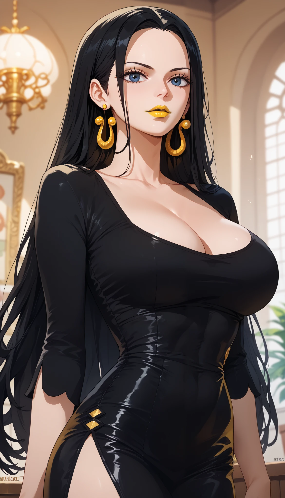 masterpiece, best quality, good hancock, long hair, black hair, earrings, breasts, yellow lipstick, black short dress