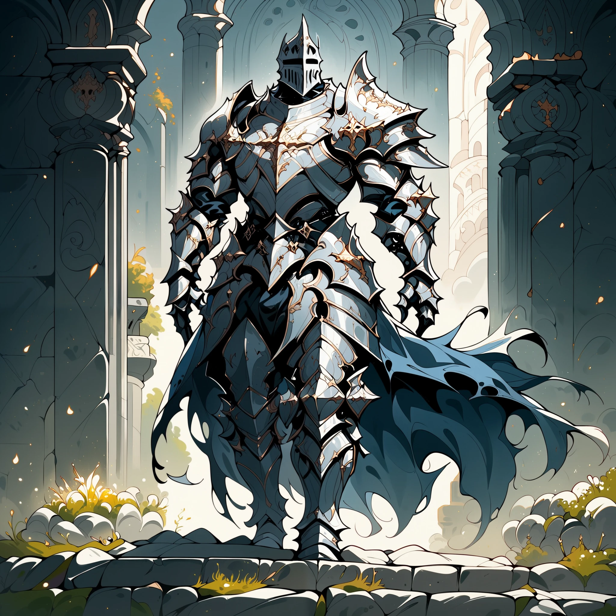 score_9, score_8_up, score_7_up, score_6_up, score_5_up, score_4_up, arm0rs3nt1n3l, full body shot, solo, 1boy, silver gothic armor, blue cape, torn cape, silver knight armor, gothic helmet, male focus, blue glow, glow particles, medieval fantasy, dark fantasy, torn chestplate, full armor, silver armor, boots, pants, shoulder armor, templar, temple background, plated armor, spiked armor, curved plates, high definition, cinematic illustration, stylized cartoon