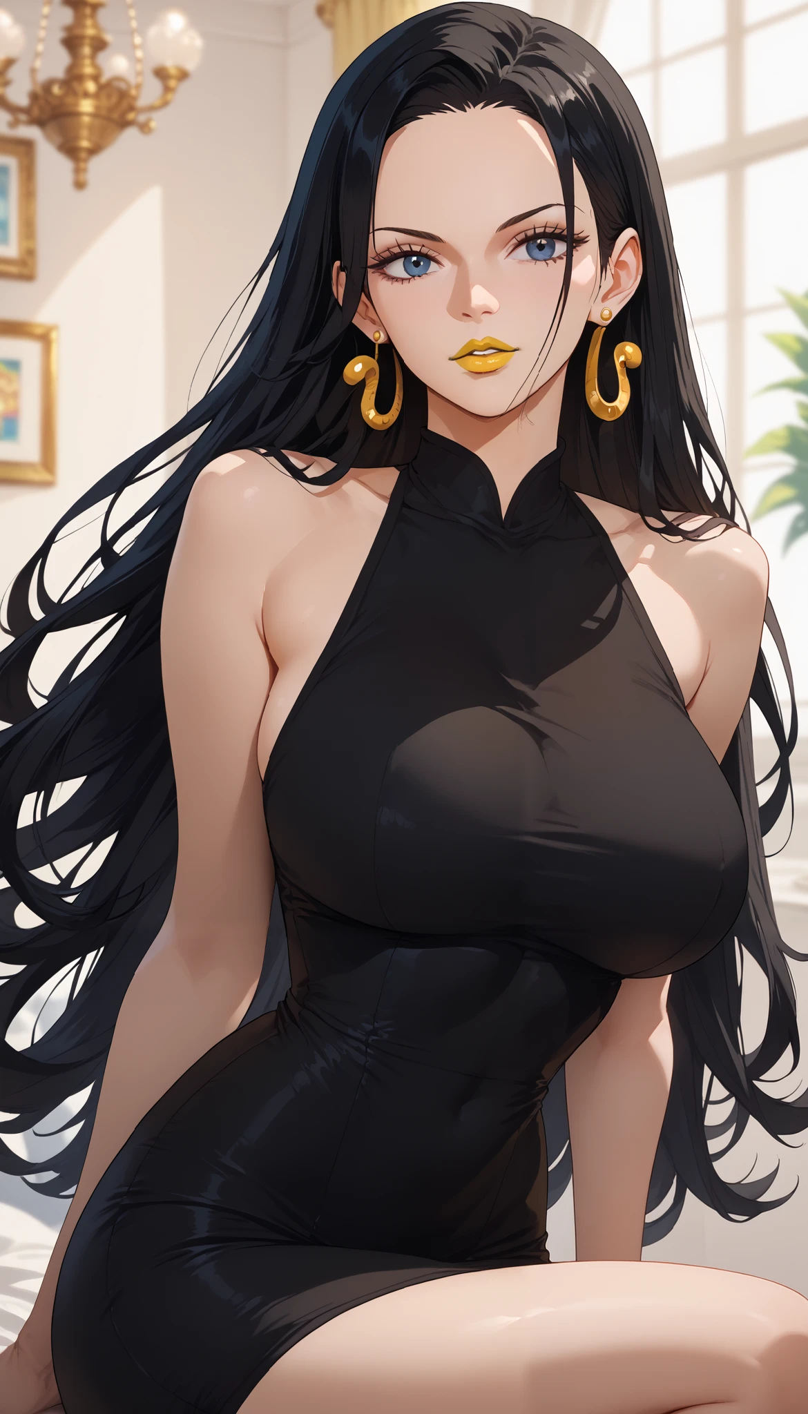 masterpiece, best quality, good hancock, long hair, black hair, earrings, breasts, yellow lipstick, black short dress