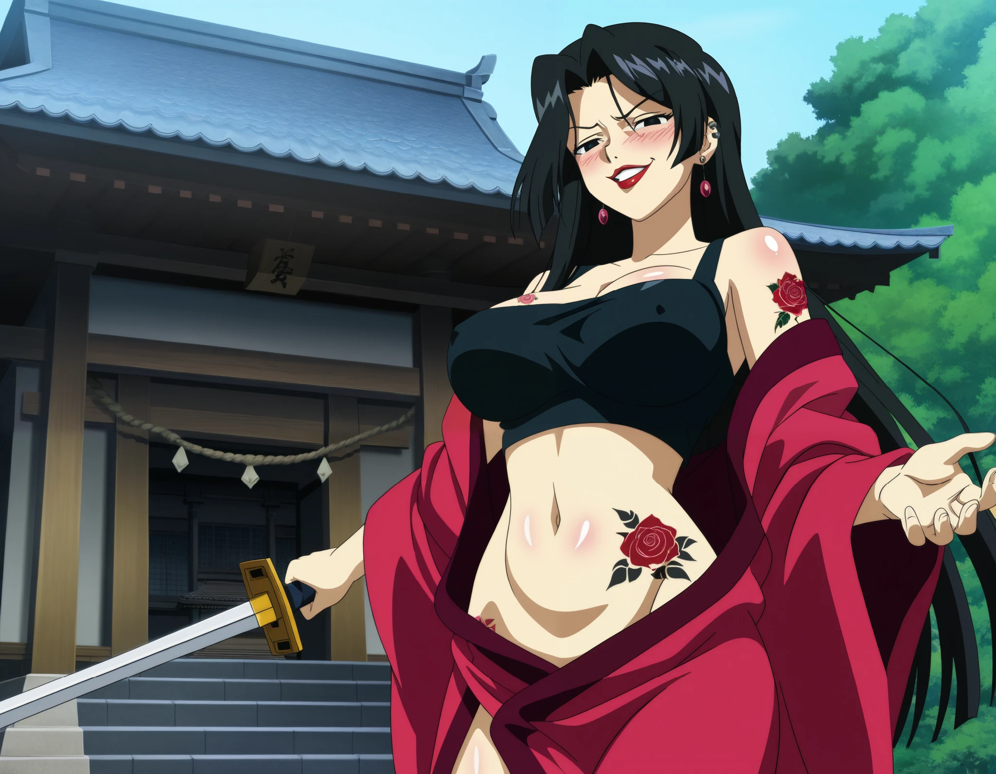 SayoLOR, tattoo on body, black hair, black eyes,  long hair, earrings, red lips, large breasts, ear piercing, long hair, blush, lipstick,Hot girl, baddie,
smoking, sensual, attractive, masterpiece, best quality, highly detailed, a anime girl in kimono dress ,holding sword, bare
shoulder,open kimono, evil smile, open mouth, crop top , (nsfw) not safe for work, smile, ecchi anime
style, anime girls, ecchi style, ecchi, digital anime art!!, in anime style, official artwork, visual novel cg,
beautiful anime girl, anime style 4 k, kimono pencil skirt, exposed belly, exposed navel,
exposed midriff, exposed lower belly, outdoor, japanese architecture, temple, shiny skin, , tattoo , tattoo midriff, rose tattoo, open arms sideway, arms T-pose, smirk, standing, anime girl T posing