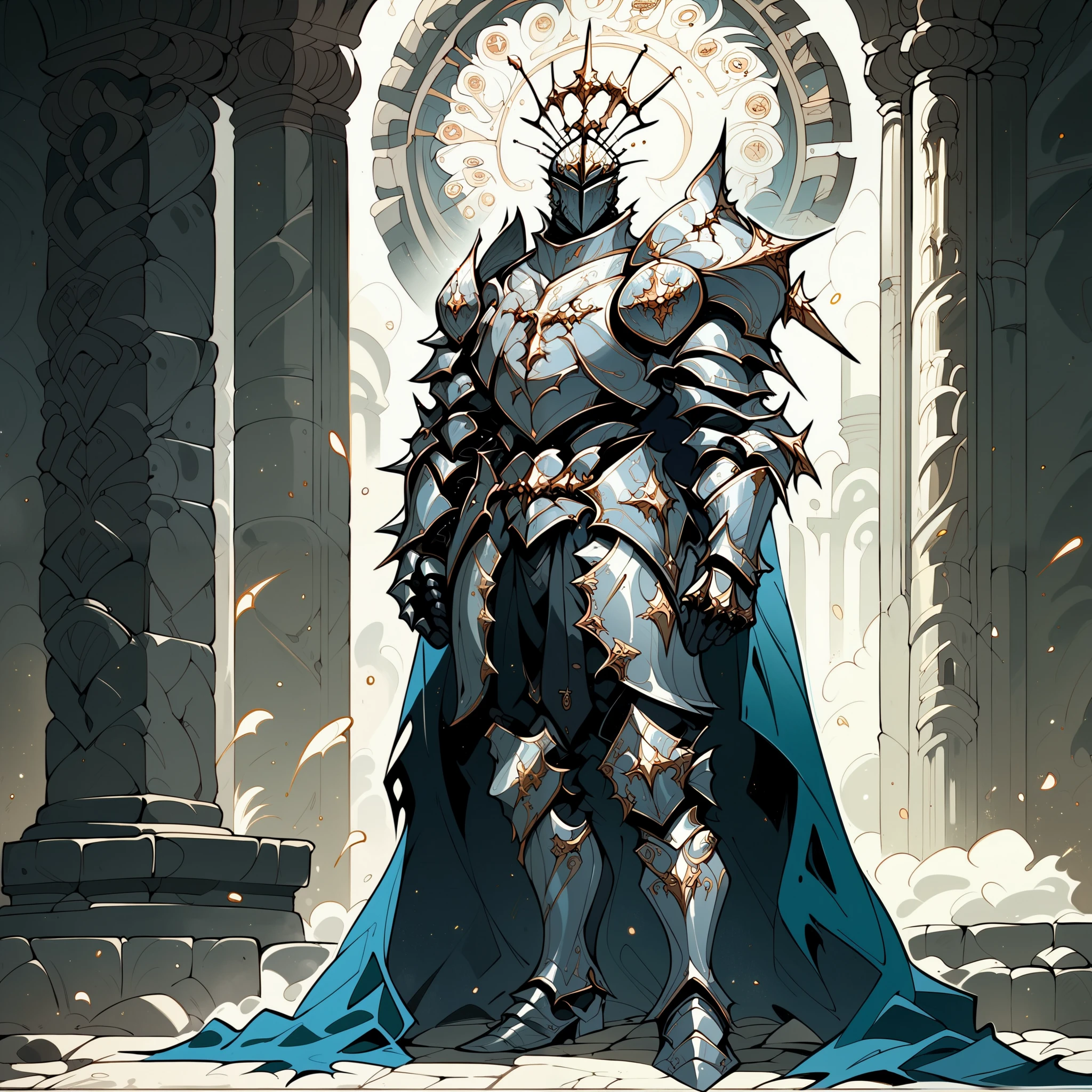 score_9, score_8_up, score_7_up, score_6_up, score_5_up, score_4_up, arm0rs3nt1n3l, full body shot, solo, 1boy, silver gothic armor, blue cape, torn cape, silver knight armor, gothic helmet, male focus, blue glow, glow particles, medieval fantasy, dark fantasy, torn chestplate, full armor, silver armor, boots, pants, shoulder armor, templar, temple background, plated armor, spiked armor, curved plates, high definition, cinematic illustration, stylized cartoon