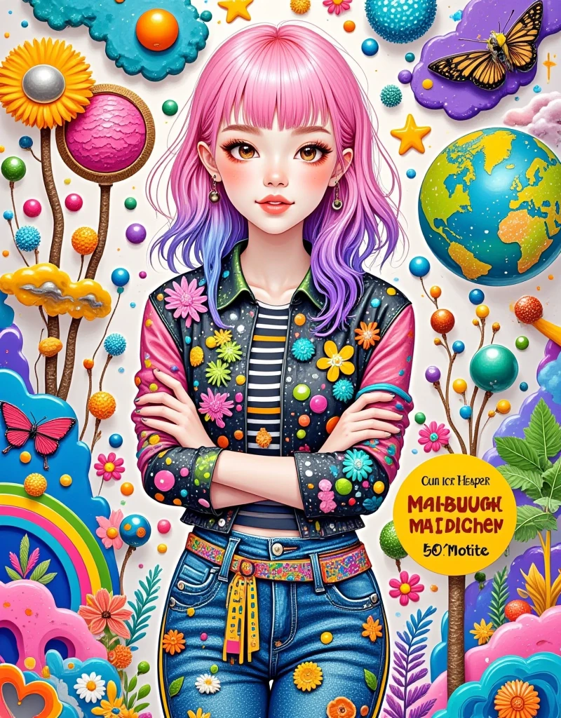 Create a vibrant, detailed coloring book cover featuring a confident and stylish teenage girl with long, wavy, multi-colored hair in shades of pink, purple, and blue. The girl should be standing with her arms crossed, wearing a casual, trendy outfit including a jacket, striped shirt, and jeans. Her expression should be cool and playful, with a small heart sticker on her cheek. Surround her with colorful, playful objects such as planets, stars, rainbows, pencils, paintbrushes, books, globes, and other creative elements, all in a fun and energetic composition. The background should be a detailed, doodle-like pattern filled with more objects, giving a busy and artistic feel. Use bright, bold colors and ensure the overall tone is upbeat and engaging, targeting young girls. Include text at the top that says 'Malbuch fur coole Madchen' in bold, playful letters, with '50 Motive' highlighted as a feature.