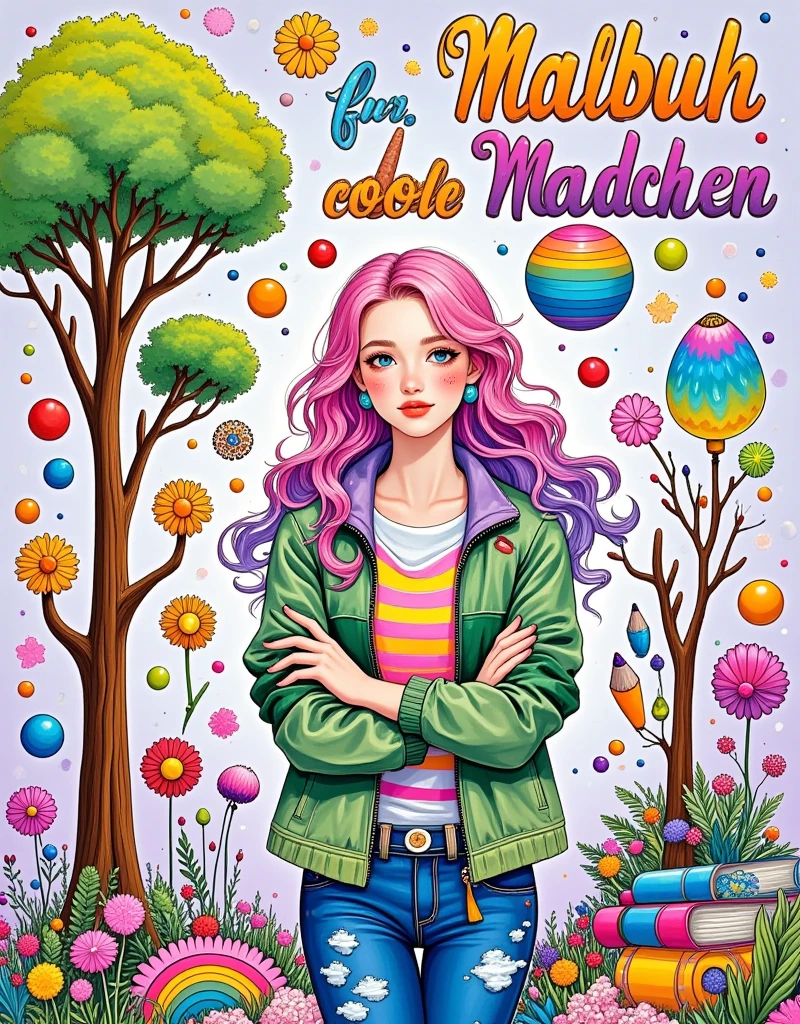 Create a vibrant, detailed coloring book cover featuring a confident and stylish teenage girl with long, wavy, multi-colored hair in shades of pink, purple, and blue. The girl should be standing with her arms crossed, wearing a casual, trendy outfit including a jacket, striped shirt, and jeans. Her expression should be cool and playful, with a small heart sticker on her cheek. Surround her with colorful, playful objects such as planets, stars, rainbows, pencils, paintbrushes, books, globes, and other creative elements, all in a fun and energetic composition. The background should be a detailed, doodle-like pattern filled with more objects, giving a busy and artistic feel. Use bright, bold colors and ensure the overall tone is upbeat and engaging, targeting young girls. Include text at the top that says 'Malbuch fur coole Madchen' in bold, playful letters, with '50 Motive' highlighted as a feature.