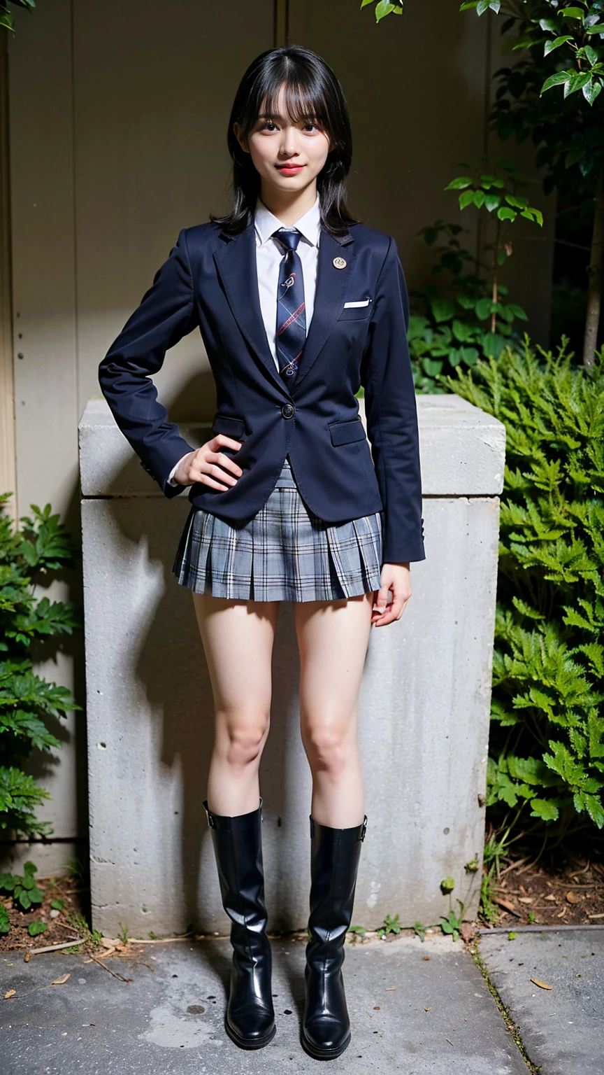 (8k、   RAW photos  、   top quality、    masterpiece on penis  :1.2)、( realistic 、 realistic )、1 person、((Black and light blue、 blazer、uniform、 shirt、 ties、smile、 plaid mini skirt、 boots、garden、Thin legs、whole body、Hands on hips、 standing facing you )、cute