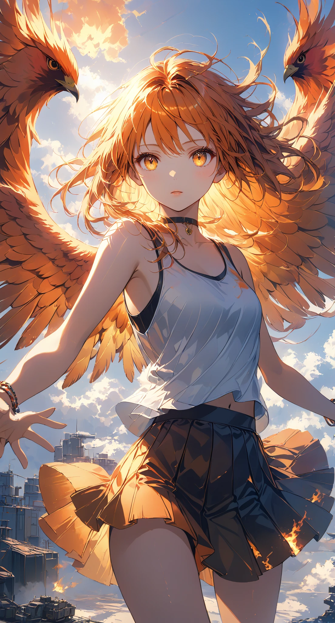 Masterpiece, high quality, high resolution, 16K, highly detailed background, digital painting, unreal engine, Makoto Shinkai illustration, hyperrealistic, fantasy, ite girl, one phoenix flying behind her, beautiful face, beautiful skin, long eyelashes, beautiful eyes, beautiful legs, full body, orange hair, messy hair, red tips, golden eyes, fair skin, flames on hands and arms, tank top and skirt, white and orange colored clothing, transparent material, choker, no expression, burning sunset, dynamic angle