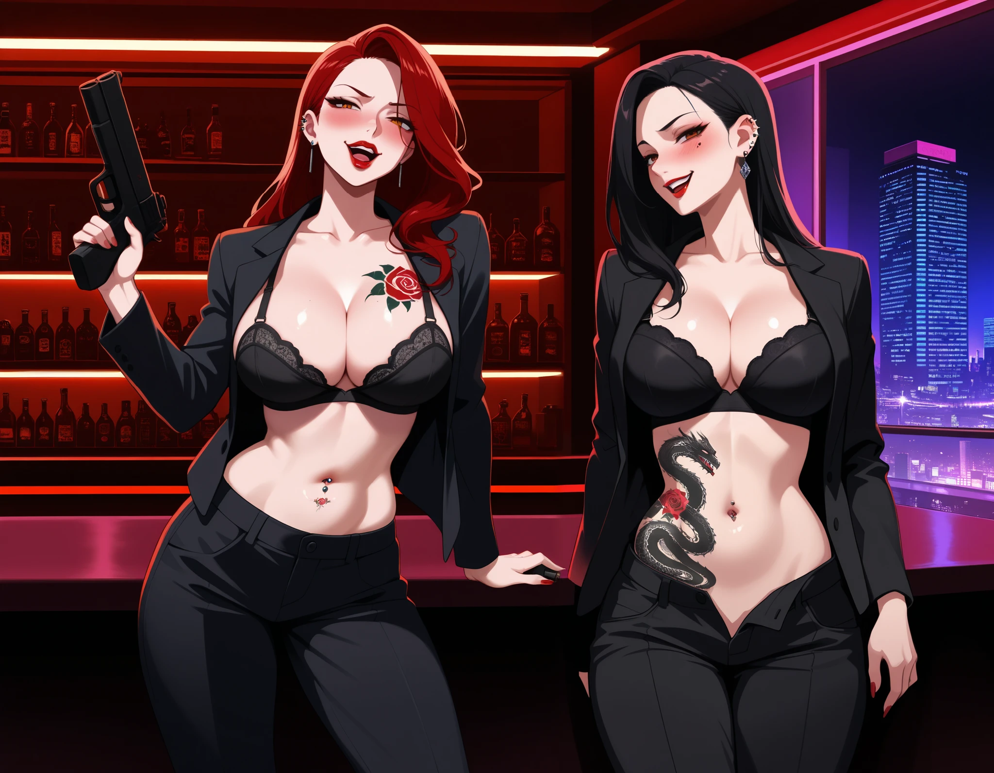 2girls, two girls,,, tattoo on body,   long hair, earrings, red lips, large breasts, ear piercing, long hair, blush, lipstick,Hot girl, baddie,
smoking, sensual, attractive, cityscape, nightclub, city lights, indoors, bar background, inside bar, long sleeves,
cleavage, jacket, unbuttoned pants, black jacket, black pants, formal, suit, black bra, evil smile, smile,
(nsfw) not safe for work, navel, evil expression, exposed belly, exposed navel, exposed midriff,
exposed lower belly, unbuttoned long black pants, open mouth, holding a gun, dragon tattoo , tattoo midriff, rose tattoo, ,, navel piercing