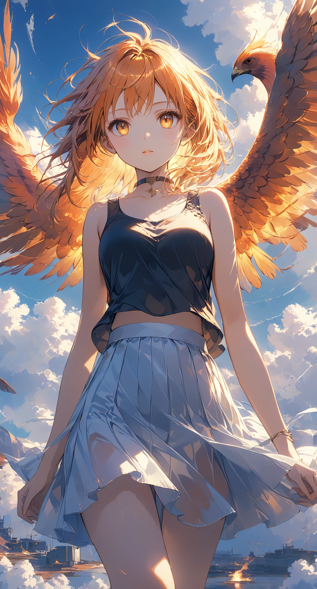 Masterpiece, high quality, high resolution, 16K, highly detailed background, digital painting, unreal engine, Makoto Shinkai illustration, hyperrealistic, fantasy, petite girl, one phoenix flying behind her, beautiful face, beautiful skin, long eyelashes, beautiful eyes, beautiful legs, full body, orange hair, messy hair, red tips, golden eyes, fair skin, flames on hands and arms, tank top and skirt, white and orange colored clothing, transparent material, choker, no expression, burning sunset, dynamic angle