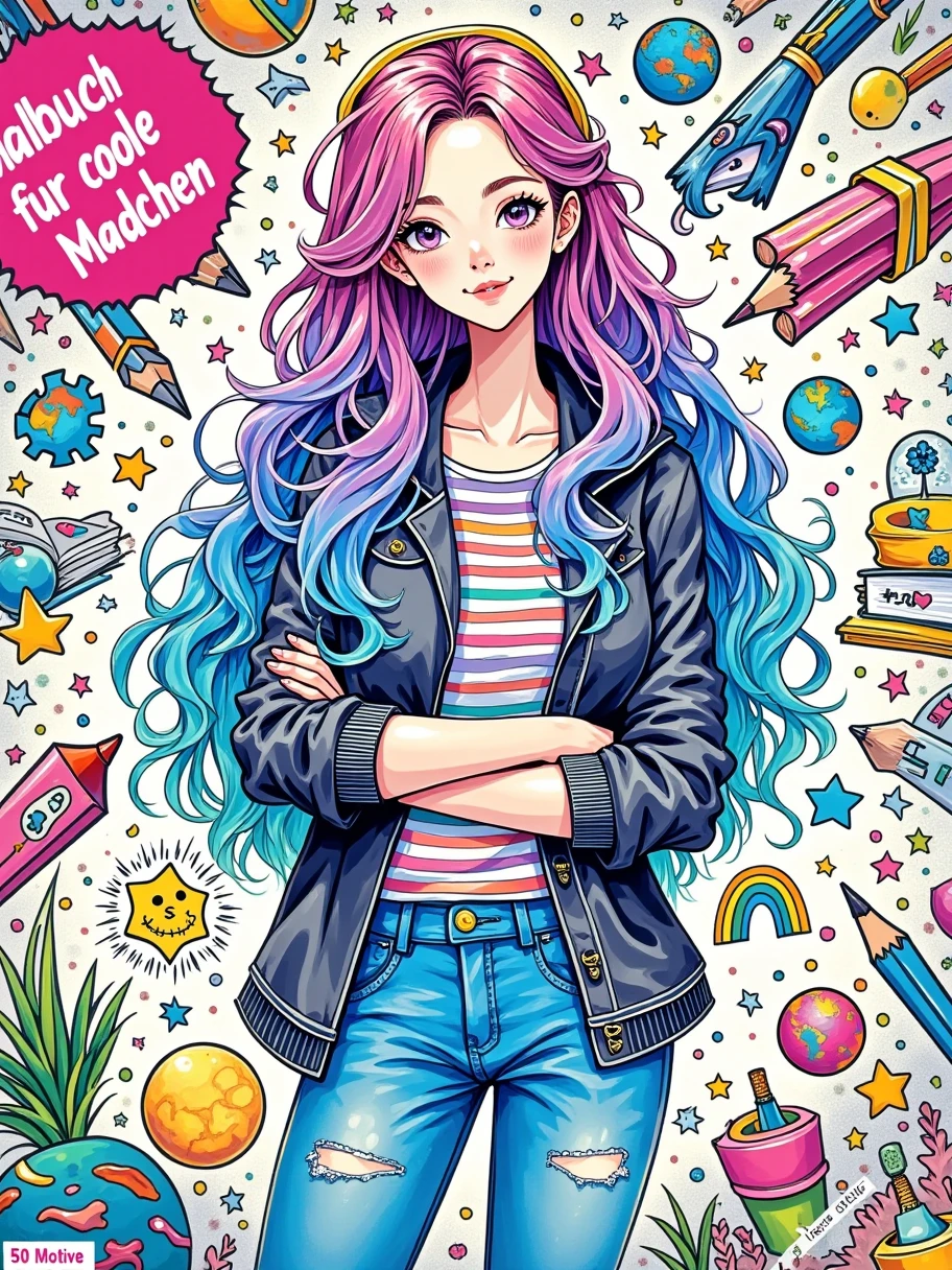 Create a vibrant, detailed coloring book cover featuring a confident and stylish teenage girl with long, wavy, multi-colored hair in shades of pink, purple, and blue. The girl should be standing with her arms crossed, wearing a casual, trendy outfit including a jacket, striped shirt, and jeans. Her expression should be cool and playful, with a small heart sticker on her cheek. Surround her with colorful, playful objects such as planets, stars, rainbows, pencils, paintbrushes, books, globes, and other creative elements, all in a fun and energetic composition. The background should be a detailed, doodle-like pattern filled with more objects, giving a busy and artistic feel. Use bright, bold colors and ensure the overall tone is upbeat and engaging, targeting young girls. Include text at the top that says 'Malbuch fur coole Madchen' in bold, playful letters, with '50 Motive' highlighted as a feature.