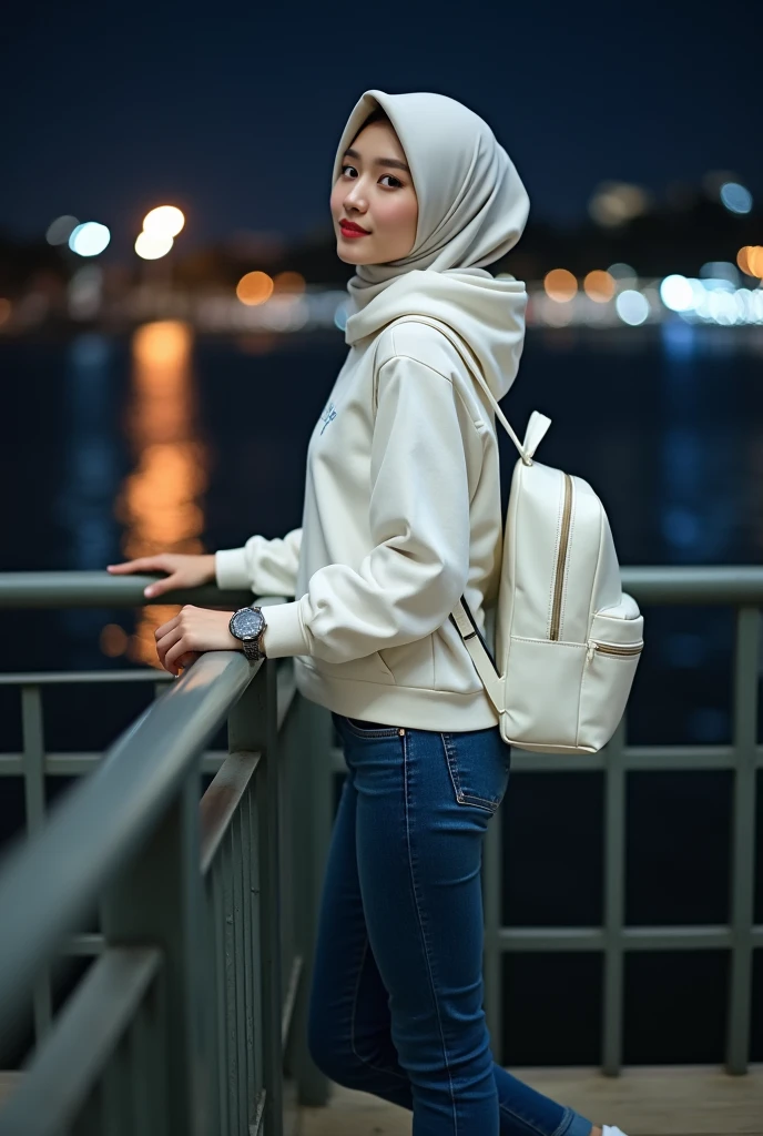 1girl, Solo, High Resolution, Masterpiece, Textured Skin, white skinned, young women, 20 years old, hijab, a beautiful young asian woman in a black shirt, light blue jeans, and white sneakers, wearing a grey hijab and a white crossbody bag, standing confidently on a concrete patio at night, looking at the camera with a slight smile, [fashion photography, street style], [David LaChapelle], [night lighting, soft focus, warm tones, slight grain, slight blur in the background]