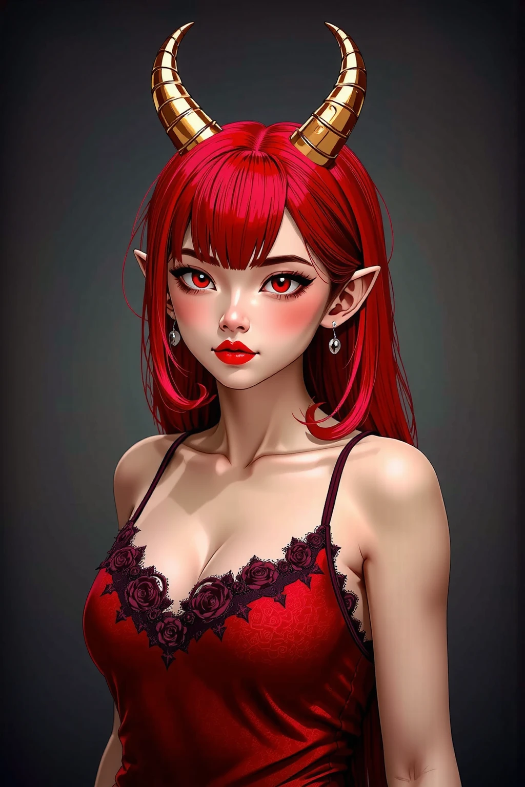 Asian girl with crimson hair, bangs, very young, crimson red eyes. Deep red lipstick, red eye shadow , very big breasts, demon, gold horns, crimson camisole, 
