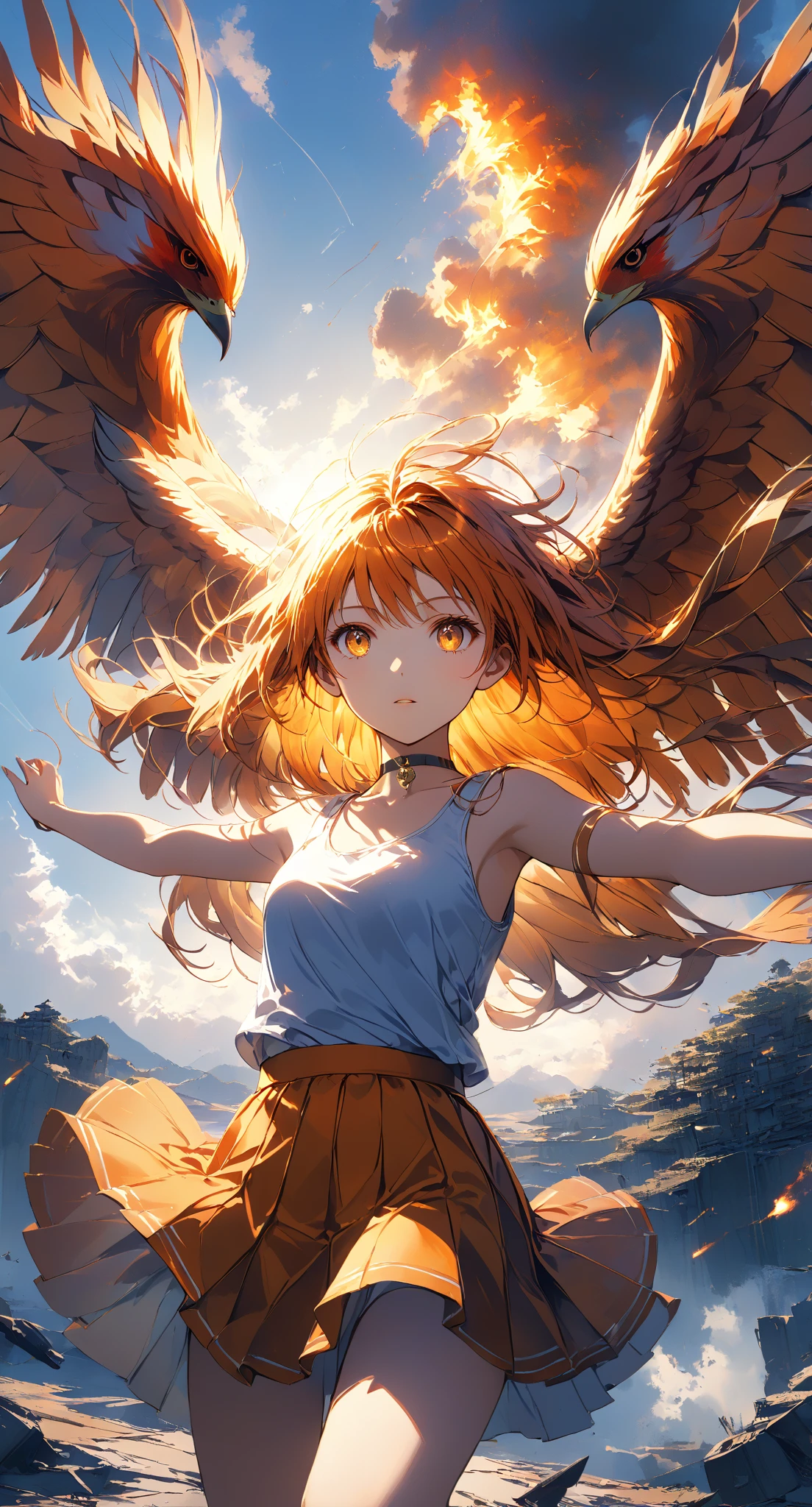 Masterpiece, high quality, high resolution, 16K, highly detailed background, digital painting, unreal engine, Makoto Shinkai illustration, hyperrealistic, fmb, fantasy, petite girl, one phoenix flying behind her, beautiful face, beautiful skin, long eyelashes, beautiful eyes, beautiful legs, full body, orange hair, messy hair, red tips, golden eyes, fair skin, flames on hands and arms, tank top and skirt, white and orange colored clothing, transparent material, choker, no expression, burning sunset, dynamic angle