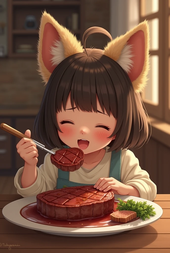 Girl Eating Grilled Meat、Galbi、 tongue、Loin Cute System、tmasterpiece、top-quality、Top image quality