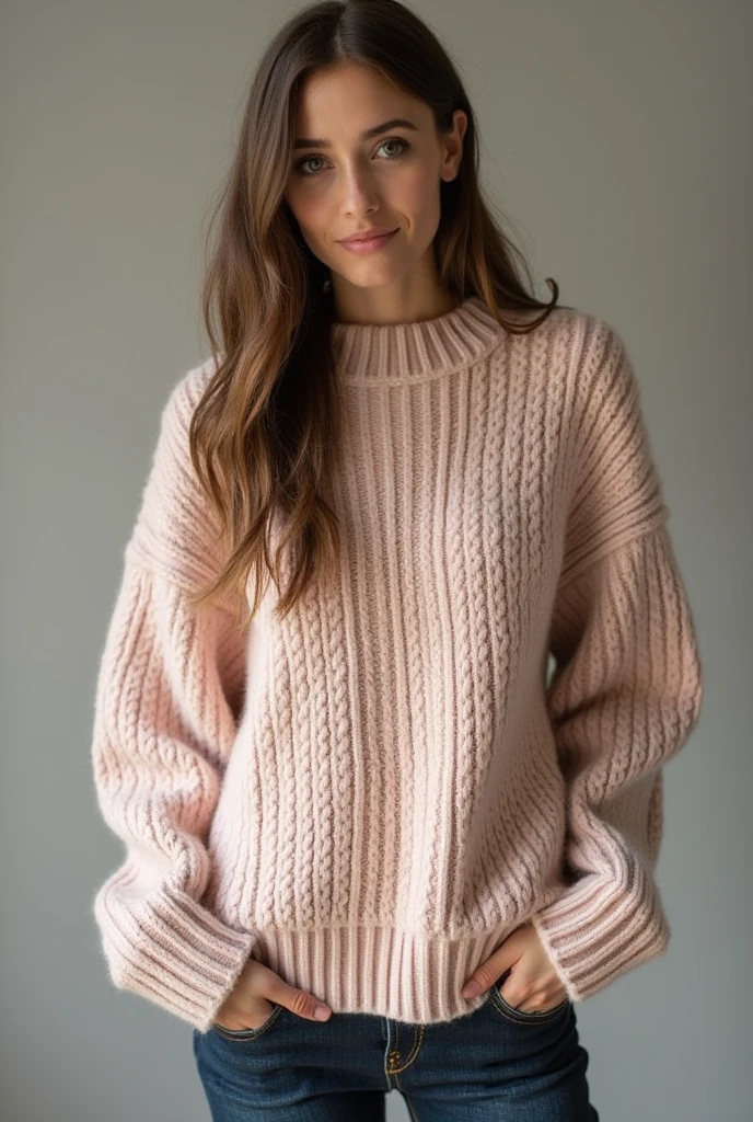 epiCPhoto, MilschbaumTI <lora:Milschbaum:0.9>, long blonde hair, light blue eyes, (large beige sweater), jeans, portrait, smile, petite, skinny, slim body, fit, small hips