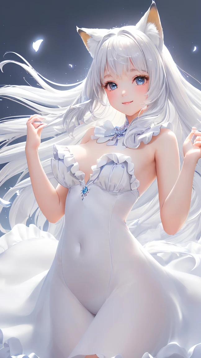 (masterpiece), (best quality), (ultra-detailed), (solo), 1girl, (extremely delicate and beautiful fabric), (beautiful detailed sky), white princess dress, mediumsize lingerie underwear, platinum long wavy hair, smiling, shy, hand holding dress, detailed kingdom background, full-face blush, heart-shaped pupils