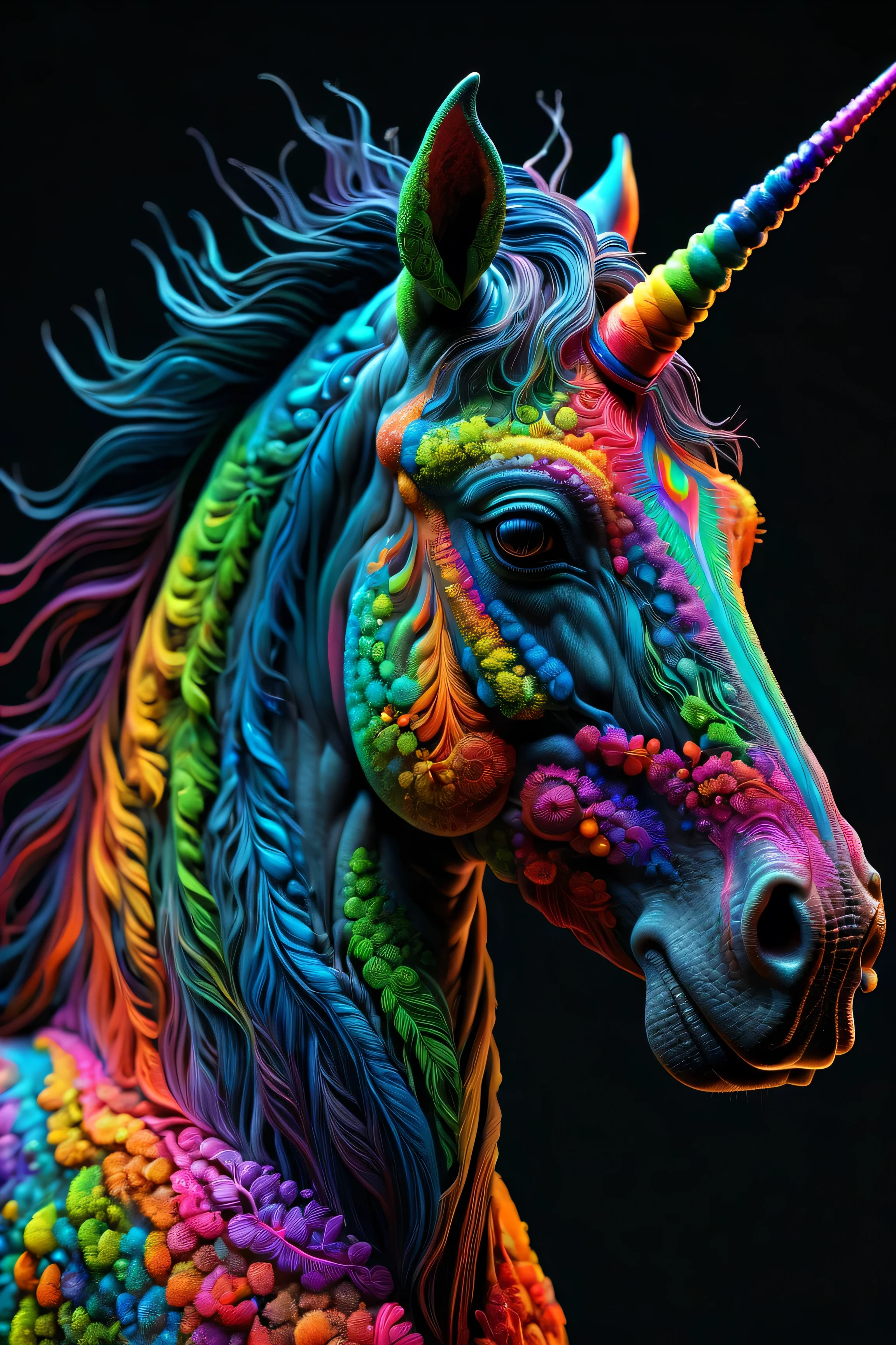 a neon rainbow colored unicorn,forest,realistic,highly detailed,ral-trichom,realistic,lifelike,studio photo,highly detailed,colors,dynamic,cinematic,masterpiece,intricate,hdr,abstract fractal,