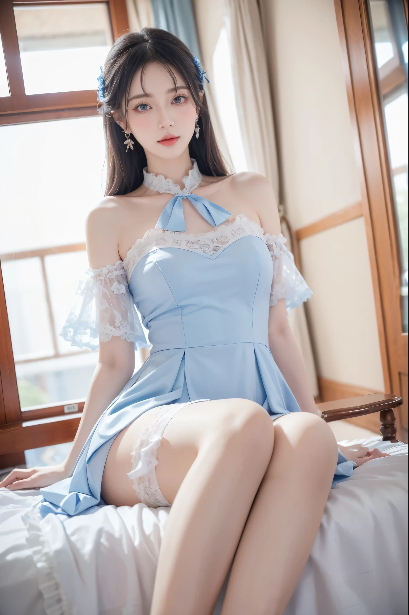 masterpiece, best quality, very aesthetic, absurdres, 1girl, mature_lady,taking off stockings,lace_dress, Jewelry, Earrings,sitting,from below,,furina(genshin impact), heterochromia,bule hair,blue eyes,,blur background,background defocus,