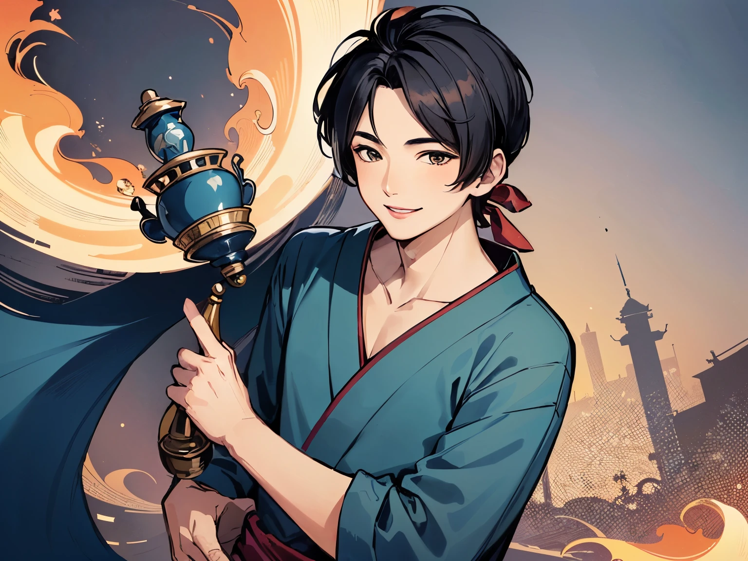 ((masterpiece, highest quality, 4k, 8k, 32K, masterpiece:1.2, ultra detailed, intricate details, highly detailed face, correct anatomy)),
((halftone, front lighting, vivid color)),
(((man, genie, Aladdin and the magic lamp, genie emerges from the smoke, arms crossed, smiling)),
Background: Japanese temple grounds,