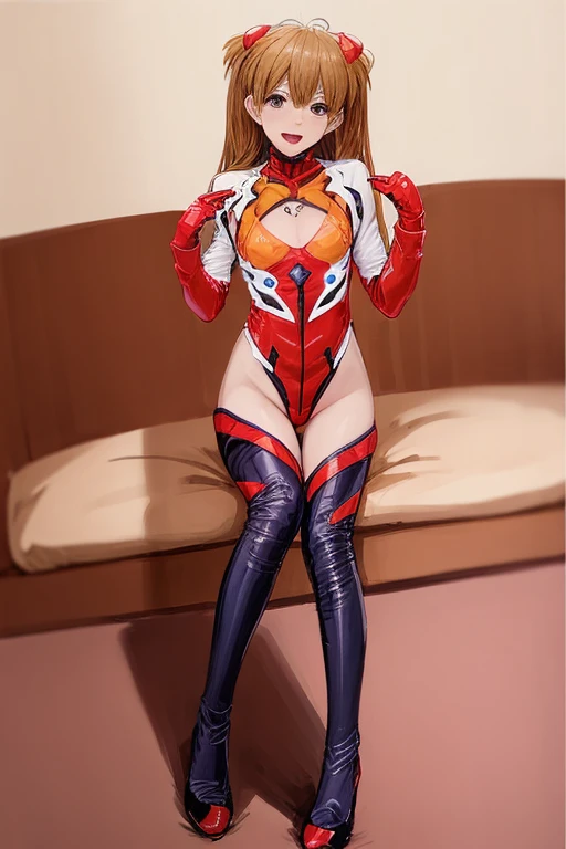 (( top quality)), ((masterpiece)), (be familiar with),  perfect face, indoor, bedroom,  viewer,
One woman,  Soryu Asuka Langley,
 open mouth,  ecstatic expression with hands in front of body, blush, smile,
 small tits,  flat chested, Young girl, Lori,  s,  girl,
 long hair,  twin tails,
Leg spread,