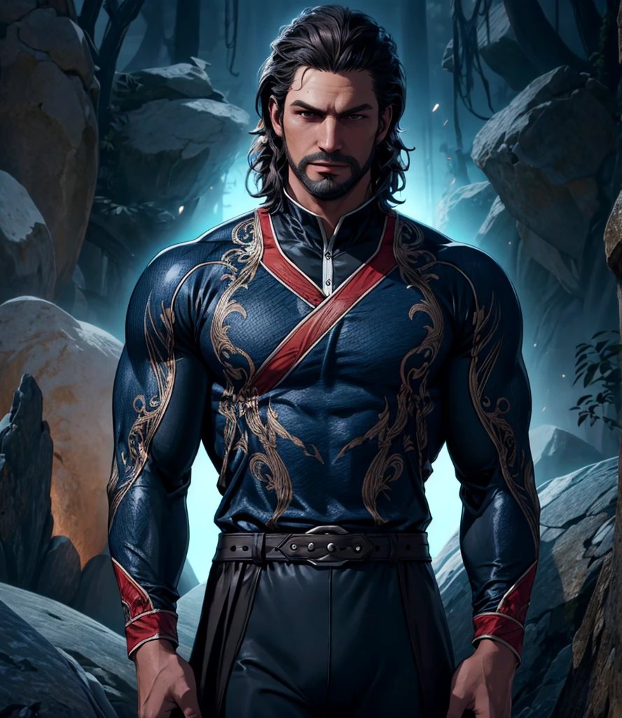 [Picture anime][highest quality photo],[[dragon mage robe]][ 4k,HD photo quality],Gale, anatomically correct, muscular mature male, eye focus, ultra detailed, bara, muscular, male focus, solo, seductive, (royal lycra dark-blue rashguard:1.1), 1boy, (black lycra tights:1.1), covered pectorals, bodybuilder, eye focus, detailed face, dark brown hair, dark-blue and black theme, intricate details, short beard,