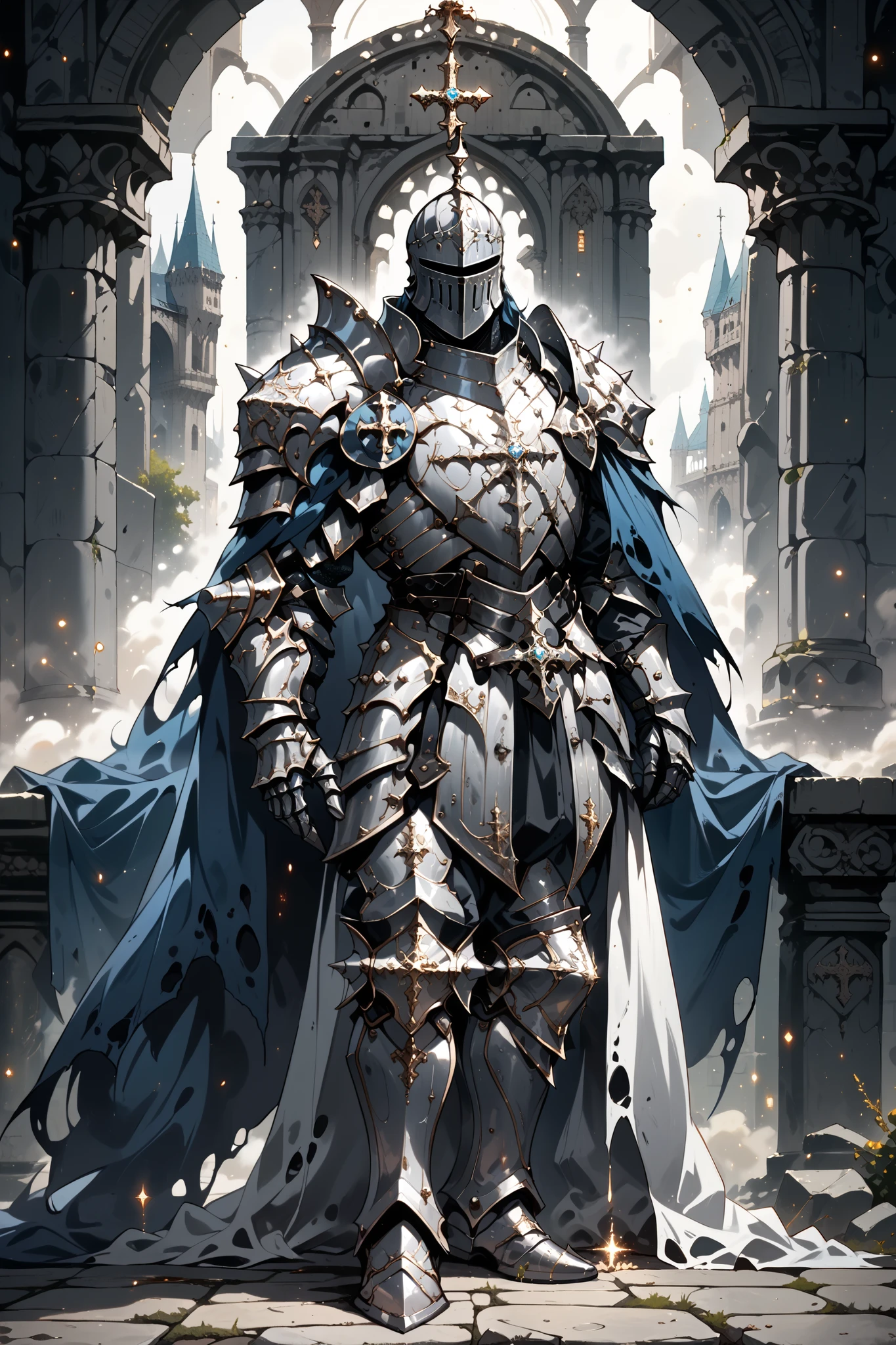 score_9, score_8_up, score_7_up, score_6_up, score_5_up, score_4_up, arm0rs3nt1n3l, full body shot, solo, 1boy, silver gothic armor, blue cape, torn cape, silver knight armor, gothic helmet, male focus, blue glow, glow particles, medieval fantasy, dark fantasy, torn chestplate, full armor, silver armor, boots, pants, shoulder armor, templar, temple background, plated armor, spiked armor, curved plates, high definition, cinematic illustration, stylized cartoon