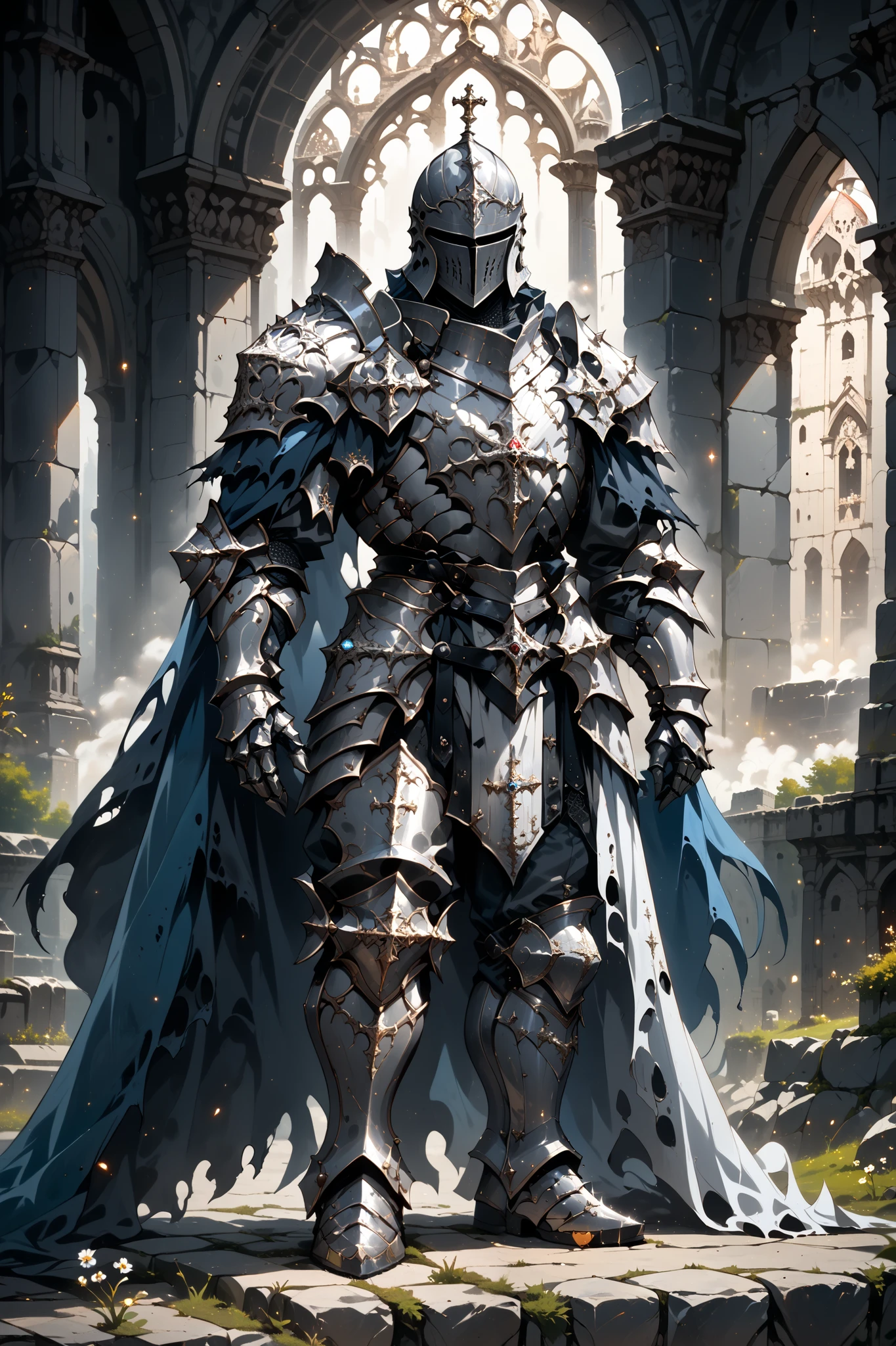 score_9, score_8_up, score_7_up, score_6_up, score_5_up, score_4_up, arm0rs3nt1n3l, full body shot, solo, 1boy, silver gothic armor, blue cape, torn cape, silver knight armor, gothic helmet, male focus, blue glow, glow particles, medieval fantasy, dark fantasy, torn chestplate, full armor, silver armor, boots, pants, shoulder armor, templar, temple background, plated armor, spiked armor, curved plates, high definition, cinematic illustration, stylized cartoon