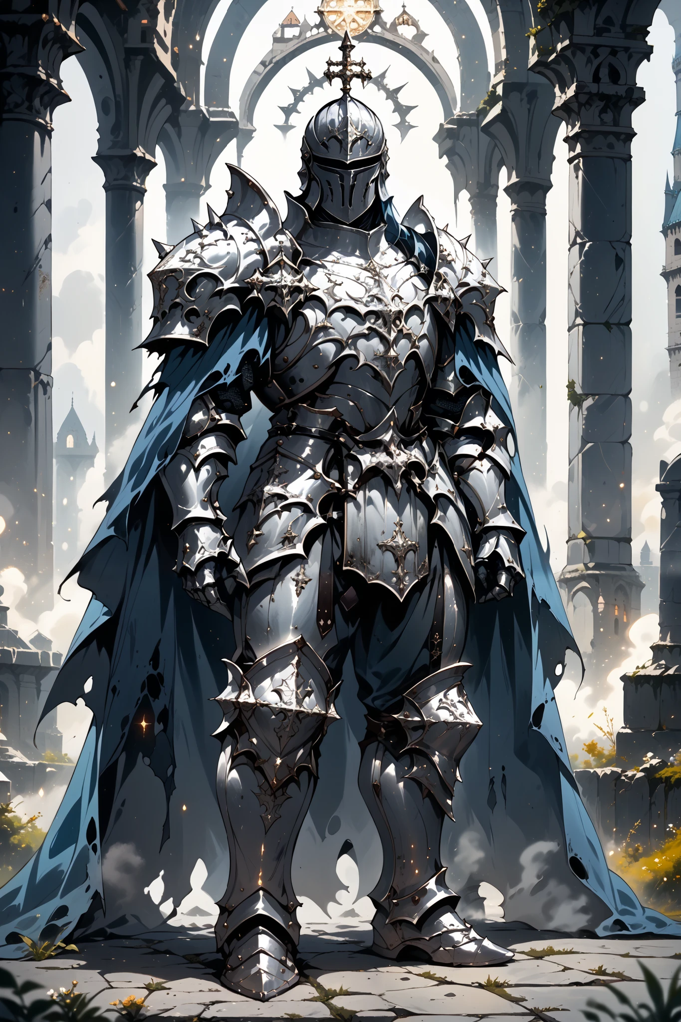 score_9, score_8_up, score_7_up, score_6_up, score_5_up, score_4_up, arm0rs3nt1n3l, full body shot, solo, 1boy, silver gothic armor, blue cape, torn cape, silver knight armor, gothic helmet, male focus, blue glow, glow particles, medieval fantasy, dark fantasy, torn chestplate, full armor, silver armor, boots, pants, shoulder armor, templar, temple background, plated armor, spiked armor, curved plates, high definition, cinematic illustration, stylized cartoon