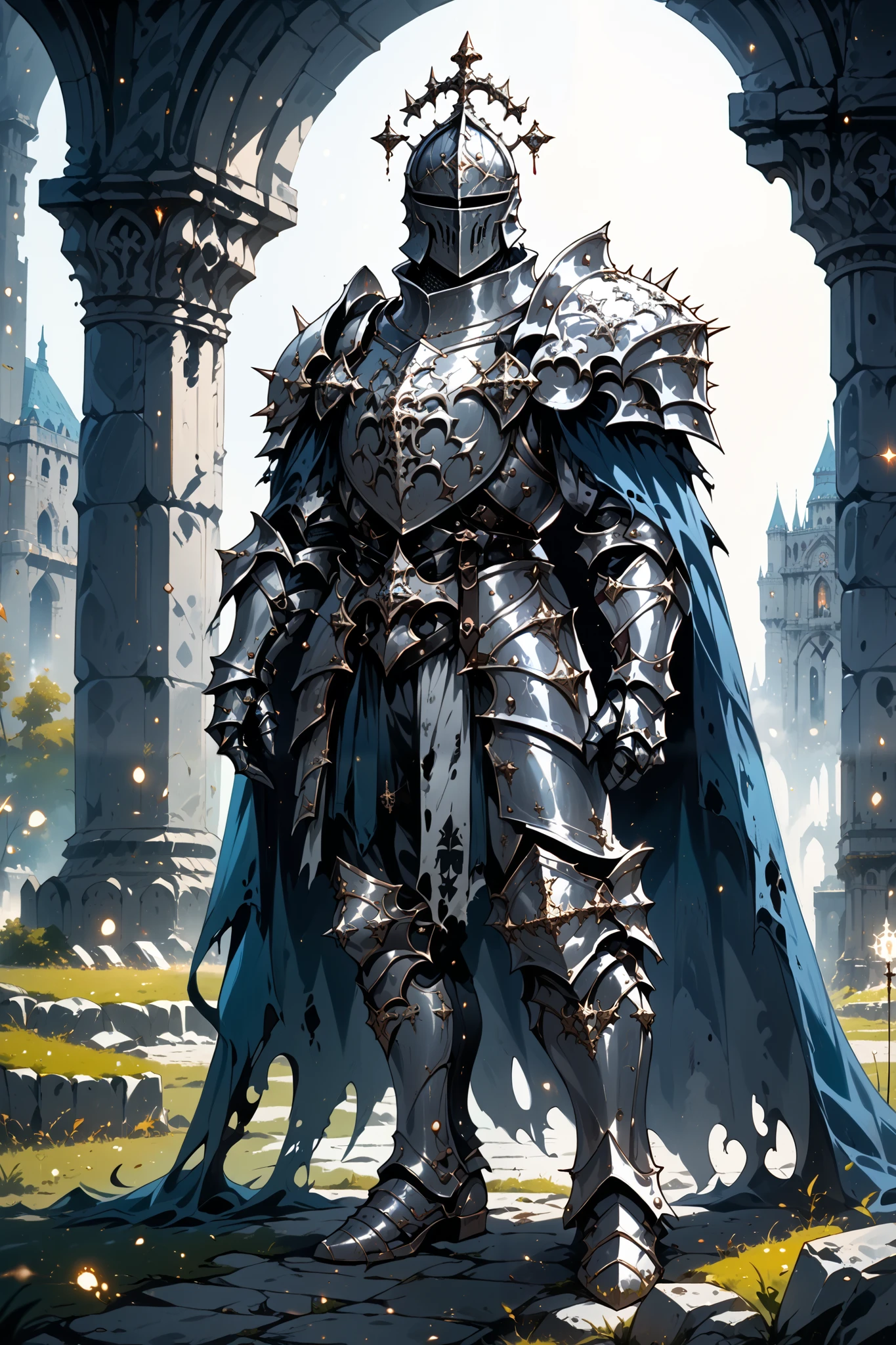 score_9, score_8_up, score_7_up, score_6_up, score_5_up, score_4_up, arm0rs3nt1n3l, full body shot, solo, 1boy, silver gothic armor, blue cape, torn cape, silver knight armor, gothic helmet, male focus, blue glow, glow particles, medieval fantasy, dark fantasy, torn chestplate, full armor, silver armor, boots, pants, shoulder armor, templar, temple background, plated armor, spiked armor, curved plates, high definition, cinematic illustration, stylized cartoon