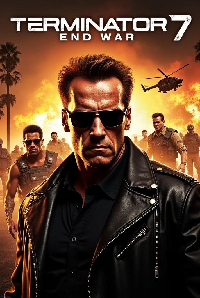 "Filme do Exterminador do Futuro, Futuristic, dystopian cityscape, atmosfera escura e arenosa, intense action scene, Arnold Schwarzenegger como o personagem principal, Iconic black leather jacket, sun glasses, Epic Battle, Explosions, armamento de alta tecnologia, cybernetic enhancements, post apocalyptic scenario, Relentless pursuit, suspense chase sequence, dramatic lighting, dramatic camera angles, momentos cheios de adrenalina."