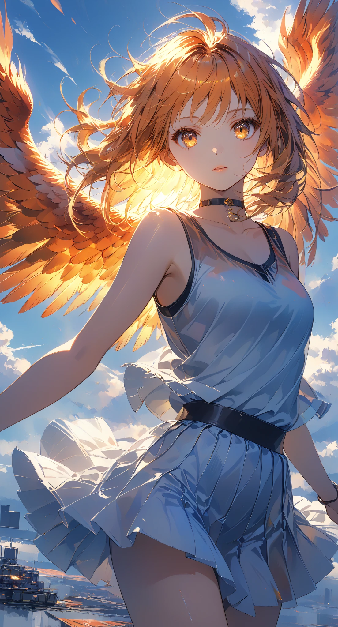 Masterpiece, high quality, high resolution, 16K, highly detailed background, digital painting, unreal engine, Makoto Shinkai illustration, hyperrealistic, fantasy, ite girl, one phoenix flying, beautiful face, beautiful skin, long eyelashes, beautiful eyes, beautiful legs, full body, orange hair, messy hair, red tips, golden eyes, fair skin, flame pattern on hands and arms, tank top and skirt, white and orange colored clothing, transparent material, choker, no expression, burning sunset, dynamic angle