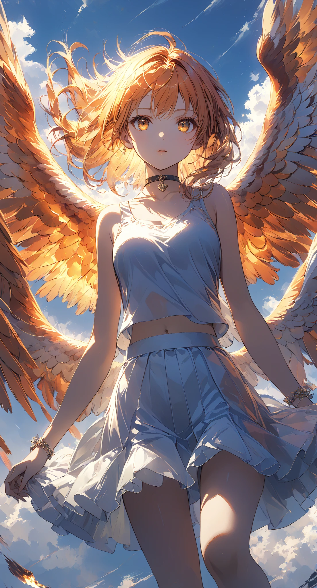 Masterpiece, high quality, high resolution, 16K, highly detailed background, digital painting, unreal engine, Makoto Shinkai illustration, hyperrealistic, fantasy, petite girl, one phoenix flying, beautiful face, beautiful skin, long eyelashes, beautiful eyes, beautiful legs, full body, orange hair, messy hair, red tips, golden eyes, fair skin, flame pattern on hands and arms, tank top and skirt, white and orange colored clothing, transparent material, choker, no expression, burning sunset, dynamic angle