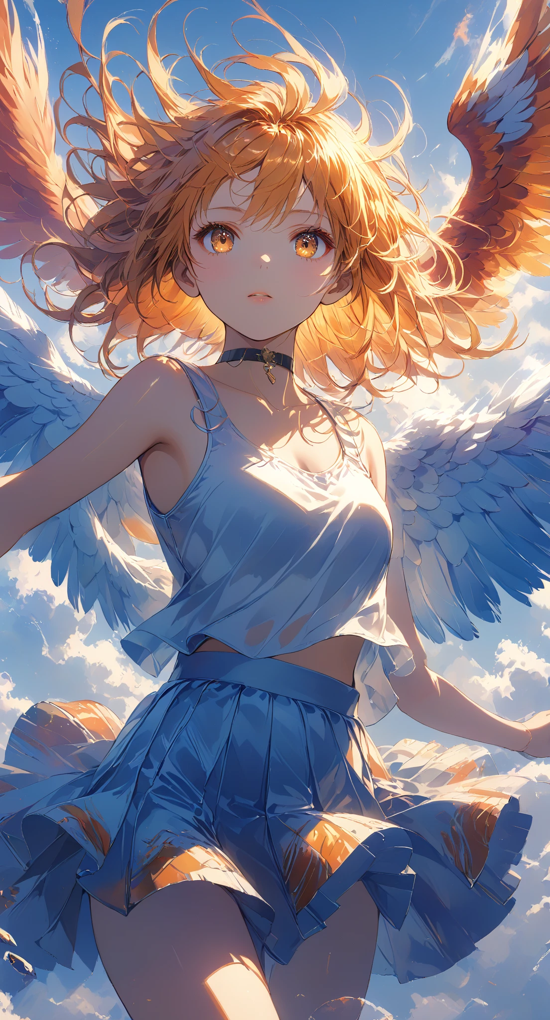 Masterpiece, high quality, high resolution, 16K, highly detailed background, digital painting, unreal engine, Makoto Shinkai illustration, hyperrealistic, fantasy, petite girl, one phoenix flying, beautiful face, beautiful skin, long eyelashes, beautiful eyes, beautiful legs, full body, orange hair, messy hair, red tips, golden eyes, fair skin, flame pattern on hands and arms, tank top and skirt, white and orange colored clothing, transparent material, choker, no expression, burning sunset, dynamic angle