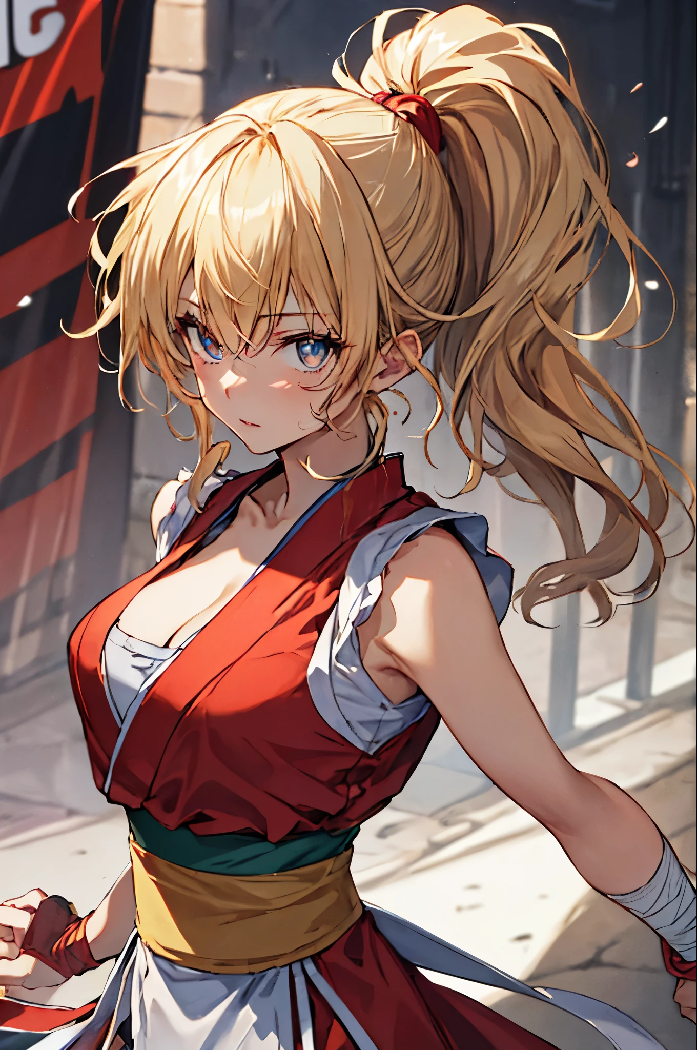 1girl,solo,makims, ninja,(pelvic curtain:1.2), japanese clothes,red clothes,,(sleeveless), sash, gloves, cleavage, bandages,large breasts,slender,(blonde hair,pony tail,wavy hair),masterpiece,Noise Reduction,perfect anatomy,high resolution, ultra-detailed, ultra-detailed face,game cg,dutch angle ,beautiful detailed eyes,visualart,five fingers, perfect hands, perfect lighting, sparkling pupils,(highly detailed:1.5),