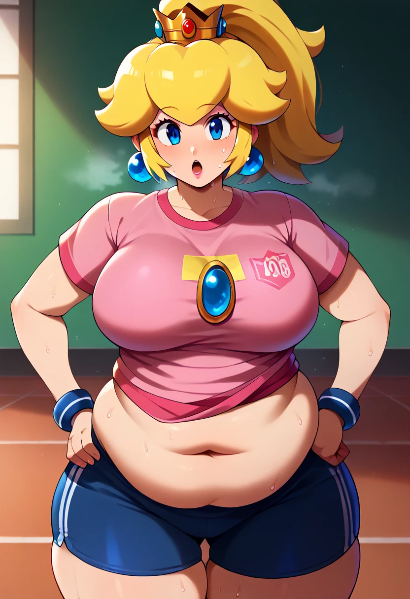 score_9, score_8_up, score_7_up, BREAK, 1girl, solo, princess peach, 1girl, solo, , blonde hair, ponytail, jewelry, bracelet, makeup, casual, cowboy shot, blue eyes, looking at the viewer, large breasts, hands on hips, blue soccer shirt, sweaty, dark blue shorts, sweating profusely, open mouth, exhausted, heavy breathing, puddle of sweat on the ground, steam coming out her mouth, gym, indoors, she wears pink shoes, thick, obese, soft belly, chubby, wide hips, sexy hips, half body, big belly, thicc thighs, tounge sticking out (ultra hd quality details)