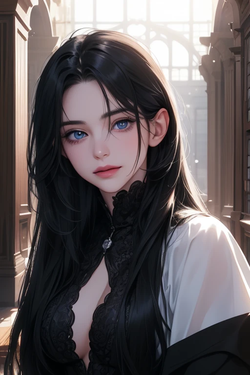(Top resolution、Distinct_image)top-quality、femele、masterpiece、highly detailed、Semi-realistic、 yellow eyes、18year old、young、Exquisite facial features、Facial features、unique hairstyle, variations, potrait, white background, black hair , long straight hairstyles , cold expression,black clothes, millionaire, boss, rich , mafia, badass necklace ,detailed eyes. cool girl ,