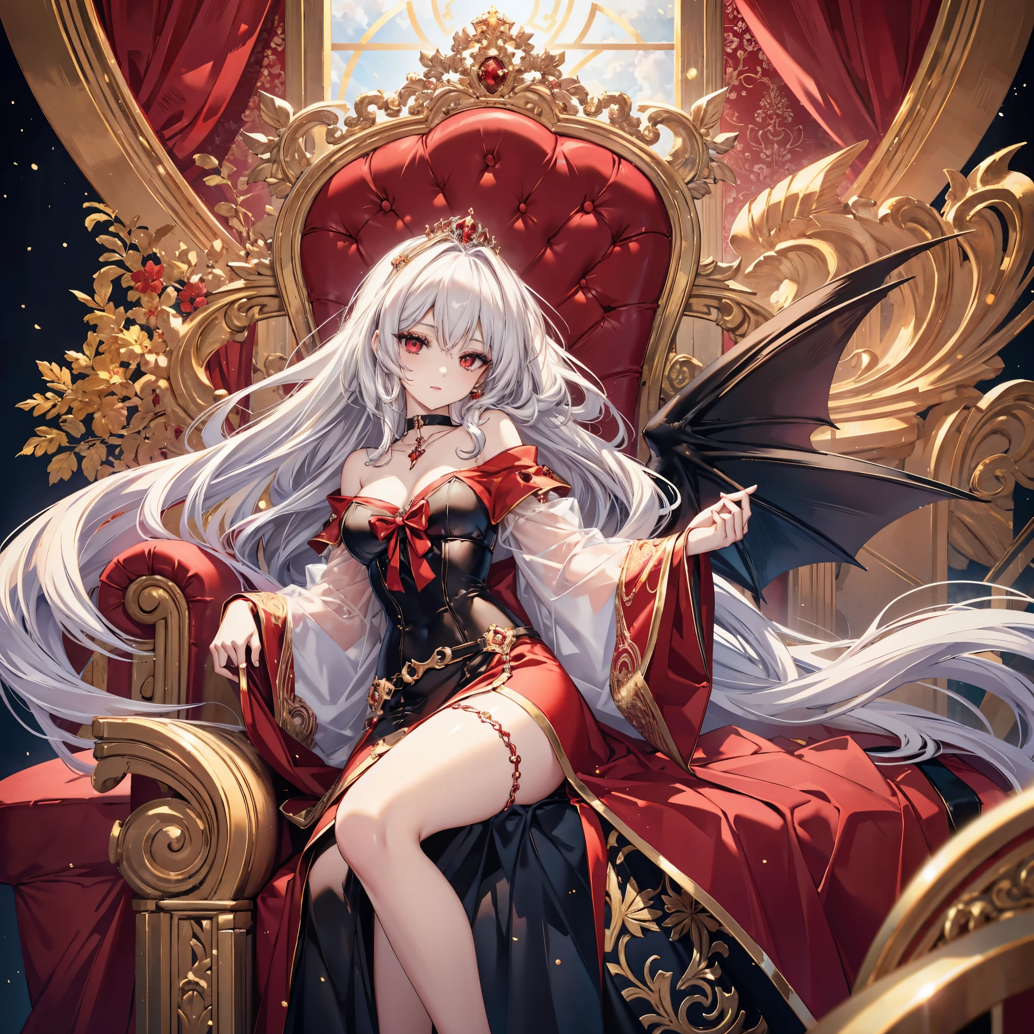 anime-style illustration of a beautiful 23-year-old vampire empress, 160cm tall. Medium flowing silver hair, Sharp red eyes, (eyes highlight), glamorous figure. Wearing an elegant scarlet off-shoulder short dress with dark corset, choker necklace. Big Gold tiara. Graceful standing pose, gentle smile. Soft lighting, empress of black dragons, smuggly sitting on a throne, dragon next to hers, Detailed anime art style, full figure visible.