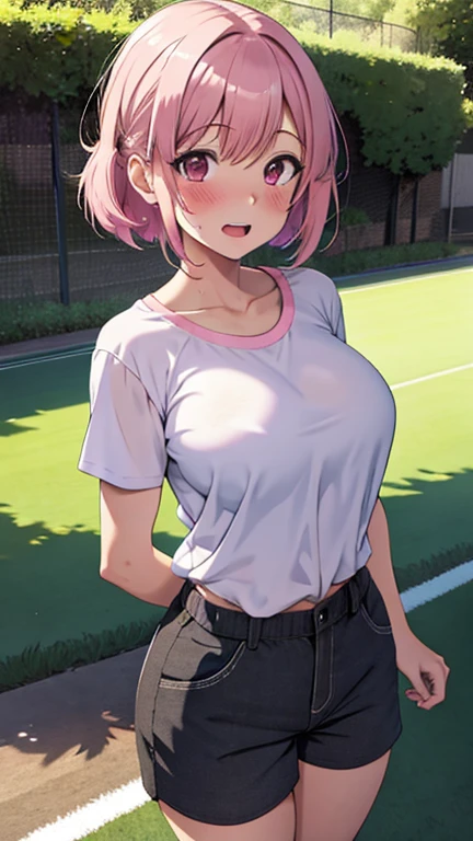 mastute piece,Best Quality,insanely detailed,8k cg,nsfw,
(shoot upper body:1.3),
(1girls:1.3),standing,looking at viewr,body in front,(arms behind back:1.4),(school gym wear:1.2,),(bare breasts:1.3),break,
blush,shy,(ecstasy face),(trembling:1.2),break,(light pink hair:1.3),
break,
perfect breasts,perfect teats,(open mouth:0.9),(large breasts:1.2),
(outdoor sports field),