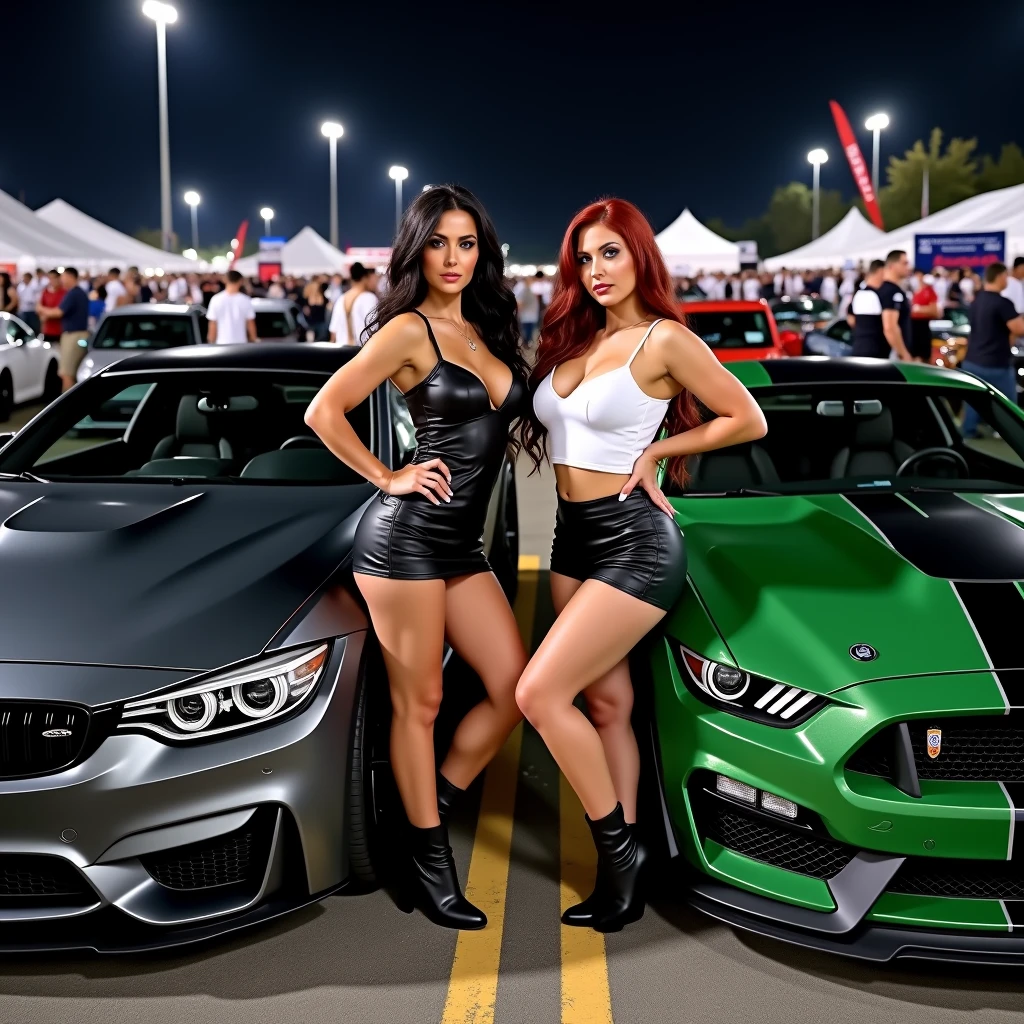 Colombian woman, brown hair, big breasts, in front of a mustang, high heels, Tokyo 