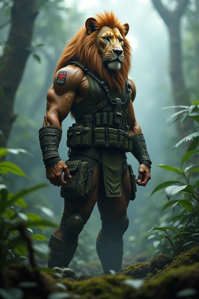 fking_scifi_v2, werecreature, werelion lion, big head, (green eyes), standing in the forest, toolbelt, 80mm, f/1.8