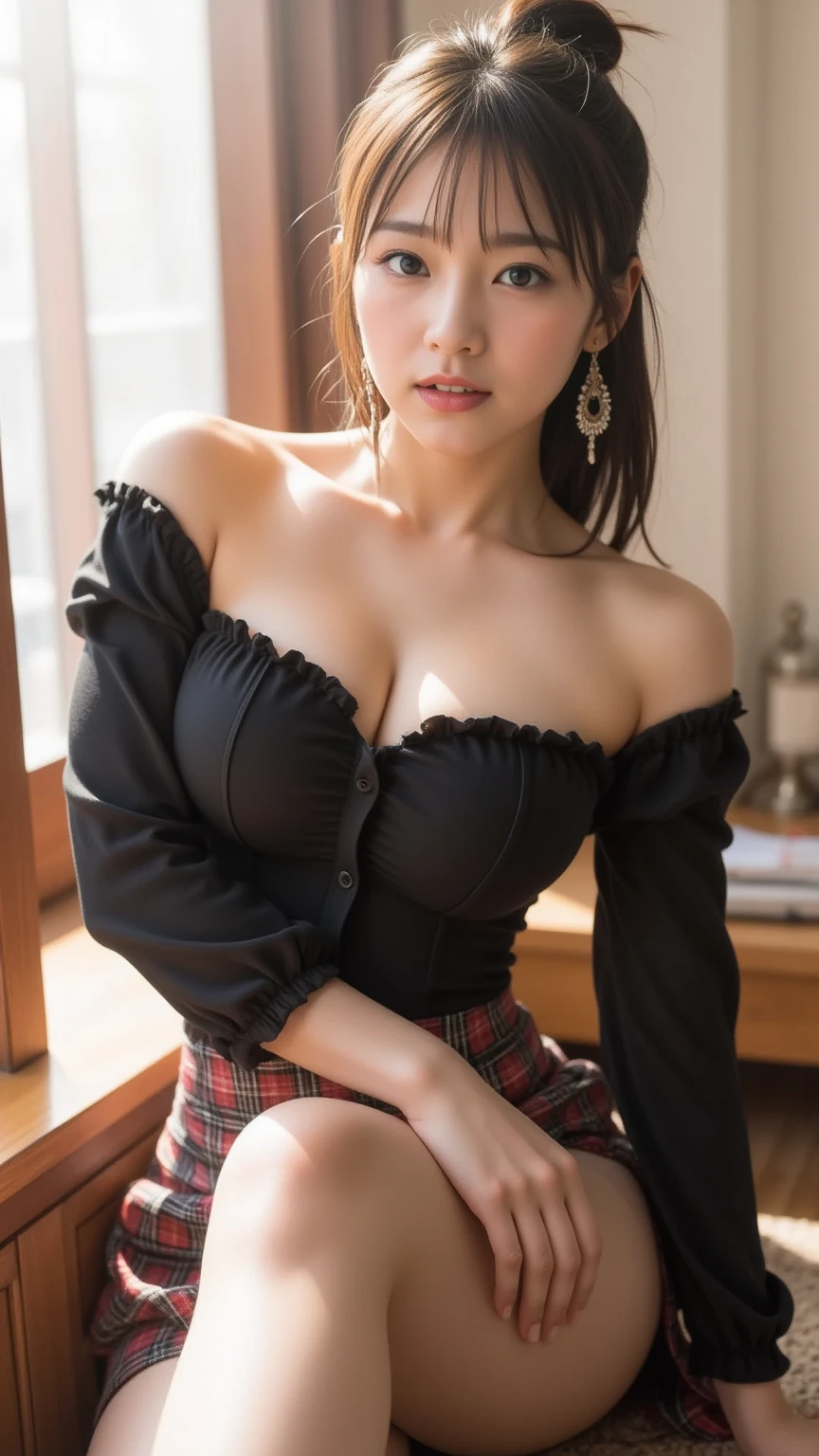 masterpiece, Highest quality,16K, Ultra-high resolution,The light and shadow of reality,Cinema Lenses,(Very skinny),(Very firm and beautiful ),((Her waist is so slim and beautiful)),((She has outstanding style)),(Pure white beautiful skin),((Large, clear, beautiful eyes)),((Her face is very small)),((Cute Japanese Girls)),((She is wearing a red and black tartan camisole dress.)),((Sitting on a bench in a stylish cafe)),(Sexy po,(Beautiful Eyes:1.1),Reflecting clear eyes and a gentle smile,