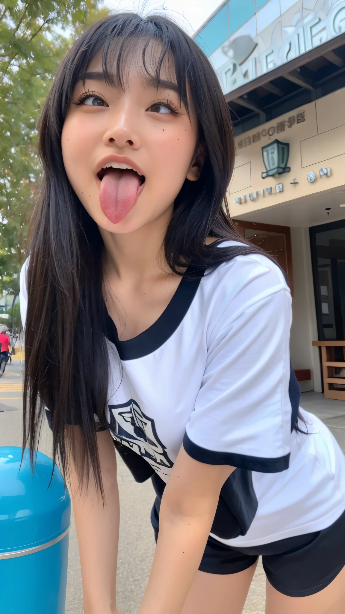 1 girl, naked under jacket table top ,,Award-winning photo, very detailed, face close-up in the streets of Harajuku 、 keep your eyes focused , Nose and mouth, Face Up , woman with her mouth open and eyes closed , Face Up の接写、age: 18 ,Black-haired、Symmetrical face, Insulated 、angle from below、 Dilated C-shaped nostrils 、 I sweated skin、 I sweated, Lighting that highlights shiny skin 、((( loose fit t-shirt , Shorts),)) I sweated, shiny skin、shiny skin、 big eyes、 double eyelid、( The tongue is wet and glowing ) ((Wet tongue)) (()) Disneyland,Taylor Hill, Hyperrealistic ,real skin、Nogizaka Members,Detailed and realistic eyelashes and double eyelids, Big Breasts
