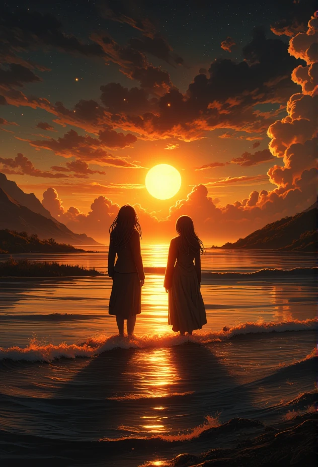 golden hour scene of two friends sharing a quiet moment. The scene showcases a sky filled with shimmering stars and constellations, with a winding river in the background.   The lighting casts cool, mysterious shadows, enhancing the surreal beauty of the landscape. The figure is dressed in bohemian attire, adding a mysterious allure. Small details, like waves gently lapping at the shore, bring an extra layer of magic and realism to the scene.}bv-stuanilan