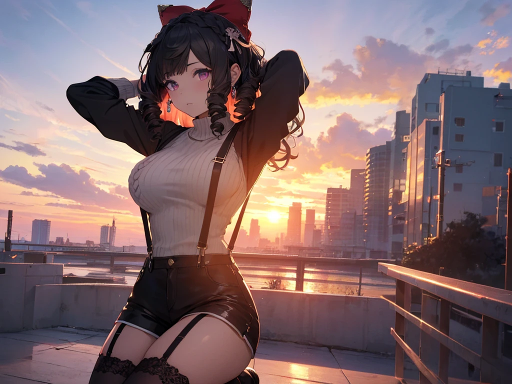 Alone,  one girl, (Human Ear, Earrings), (black hair), ( fold your arms behind your head and put them between your knees), (Calm face), (Hair Accessories), (Suspenders, Cable warp knit sweater ,  leather shorts , garter belt, Stockings), (Sunset Sky, Sunset, Evening Sky), (Focus on Breasts, Dynamic Angle), (High Resolution, Masterpiece, Accurate, Anatomically Correct, Multiple Award Winning Condition, Top Quality, Detailed, High Quality Model, High Quality, retina, Highly Detailed Condition), Textured Skin, Ultra High Resolution).