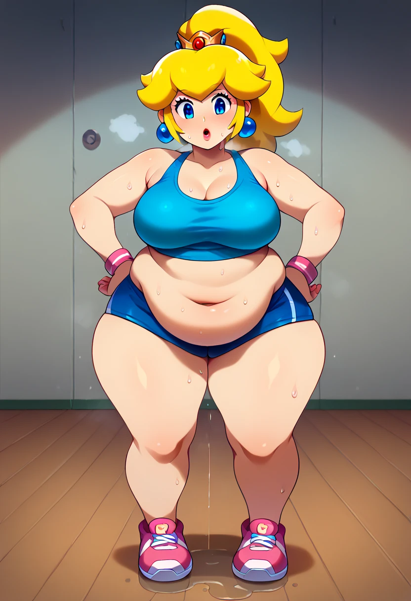 score_9, score_8_up, score_7_up, BREAK, 1girl, solo, princess peach, 1girl, solo, , blonde hair, ponytail, jewelry, bracelet, makeup, casual, cowboy shot, blue eyes, looking at the viewer, large breasts, hands on hips, blue tanktop, sweaty, dark blue shorts, sweating profusely, open mouth, exhausted, heavy breathing, big puddle of sweat on the ground, steam coming out her mouth, gym, indoors, she wears pink shoes, thick, obese, soft belly, chubby, wide hips, sexy hips, full body, big belly, thicc thighs, tounge sticking out, chubby arms, chubby legs (ultra hd quality details)