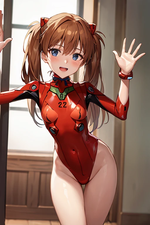 (( top quality)), ((masterpiece)), (be familiar with),  perfect face, indoor, bedroom,  viewer,
One woman,  Soryu Asuka Langley,
 open mouth,  ecstatic expression with hands in front of body, blush, smile,
 small tits,  flat chested, Young girl, Lori,  s,  girl,
 long hair,  twin tails,
Leg spread,