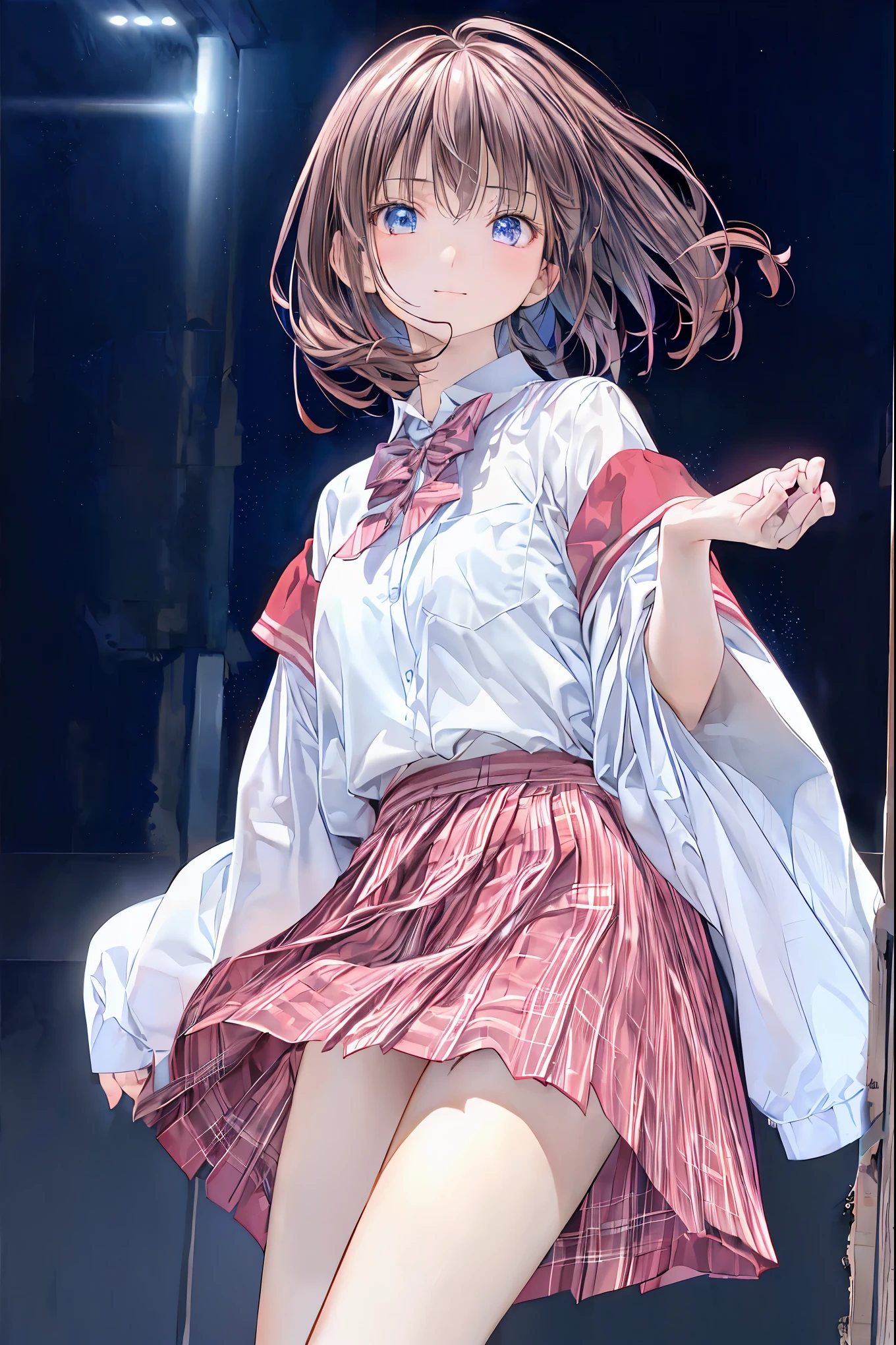 ((Show panties:1.3)), colorful, 1 girl,at the park, night view, evening,joy,origin,(beautiful face),(realistic face, perfect eyes,1.1),analog style,RAW,real life photo,medium quality,normal aesthetic,break,1girl,(japanese girl:1.1),(round face:1.3),break,(intricate underwear),(masterpiece, highest quality, 16K), delicate, Detailed, Sharp, 1 girl, Yunyun,long hair,Braid,twin tails,hair between eyes,hair ribbon,hair ornaments,big breasts,(cape:1.2),tie,shirt,pink shirt,long sleeve,belt,pink skirt,pantyhose,loafers,brown footwear, big breasts, blush, smile, looking at the viewer, ((A 1990s-style painting:1.3)), skirt lift, panties, impressionism, professional lighting