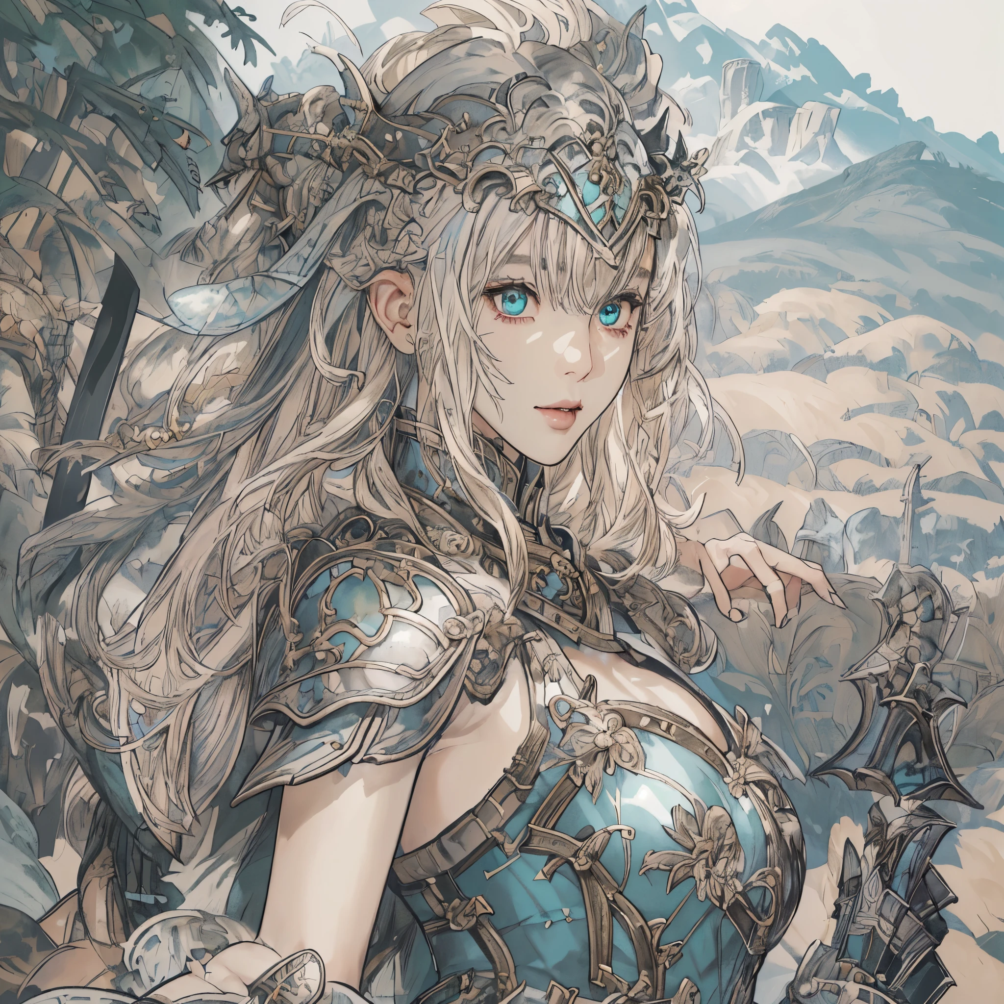 There's a costumed woman standing in a field, extremely detailed goddess photo, a very beautiful berserker woman, ornate bikini armor, beautiful female cleric, wearing shiny breastplate, powerful and plump sorceress, final fantasy style 14, but the armor covers her face, 8k Character Details, Granblue pattern, seductive elf princess knight
