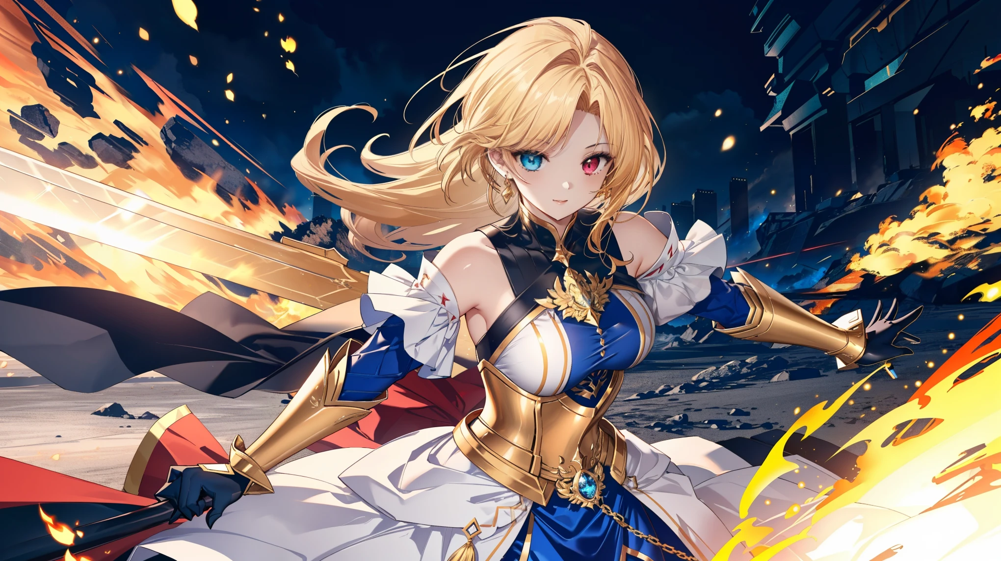 masterpiece, best quality, ultra detailed, intricate details,
(1 girl:1.2), beautiful mature female warrior,
(heterochromia:1.2), (red right eye, blue left eye:1.2),
(golden blonde hair with red highlights:1.2), flowing semi long hair,
(delicate face:1.2), (gentle smile:1.2),
(detailed hands:1.2), (holding a golden sword with both hands:1.3), battle stance,
(golden dress armor:1.2), (off-shoulder design:1.1), (golden gauntlets:1.2),
dramatic lighting, high contrast,
magical aura, (motion blur:0.8),
battlefield with fire in background,
dynamic pose, action shot,
8k uhd, photorealistic, hyperdetailed