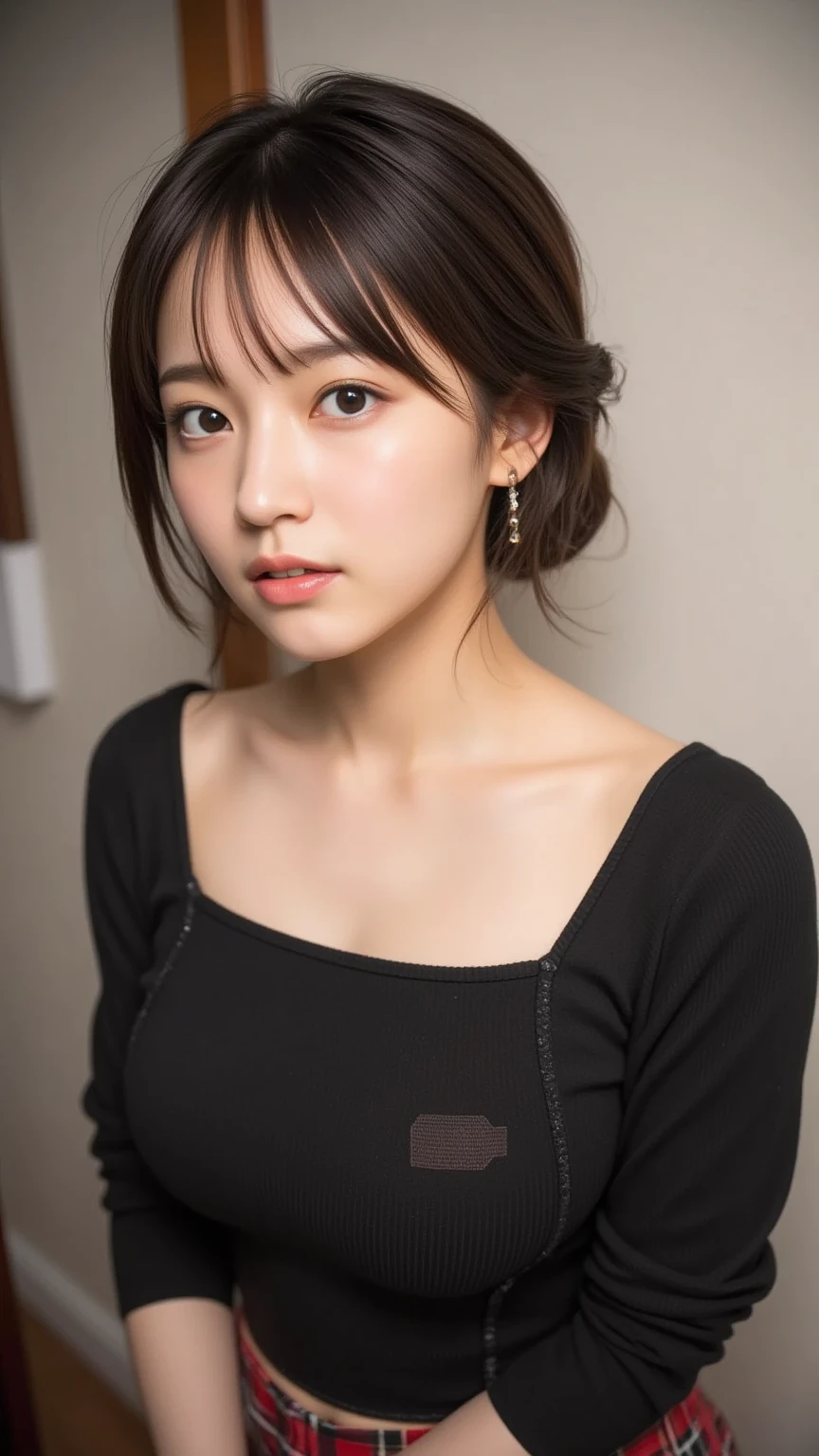 (greatest masterpiece:1.3, surrenders:1.3,Taken with 80mm portrait lens,), ( RAW photos :1.3), professional photography, ( Highly detailed clear focus :1.3), double eyelid, perfect Makeup,Realistic and beautiful skin,perfect anatomy,cute face,japanese idol,(perfect body,cleavage,slender waist ,slim waist,very Beautiful breasts,huge breasts:1.3),Updo hairstyle,
(dynamic pose,dynamic angles,sexy shot looking at camera:1.2) ,shy smile,earrings,necklace,(cinematic lighting:1.2),(off-the-shoulder, black top with long sleeves and a high-waisted sexy hot micro plaid skirt:1.2)